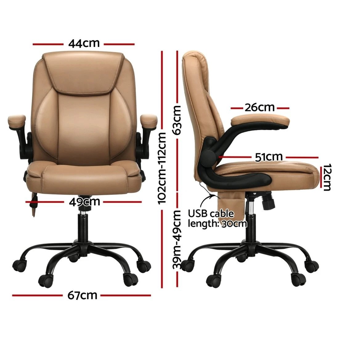 2 Artiss 2 Point Massage Office Chair Leather Mid Back - Brown, 2 of 7