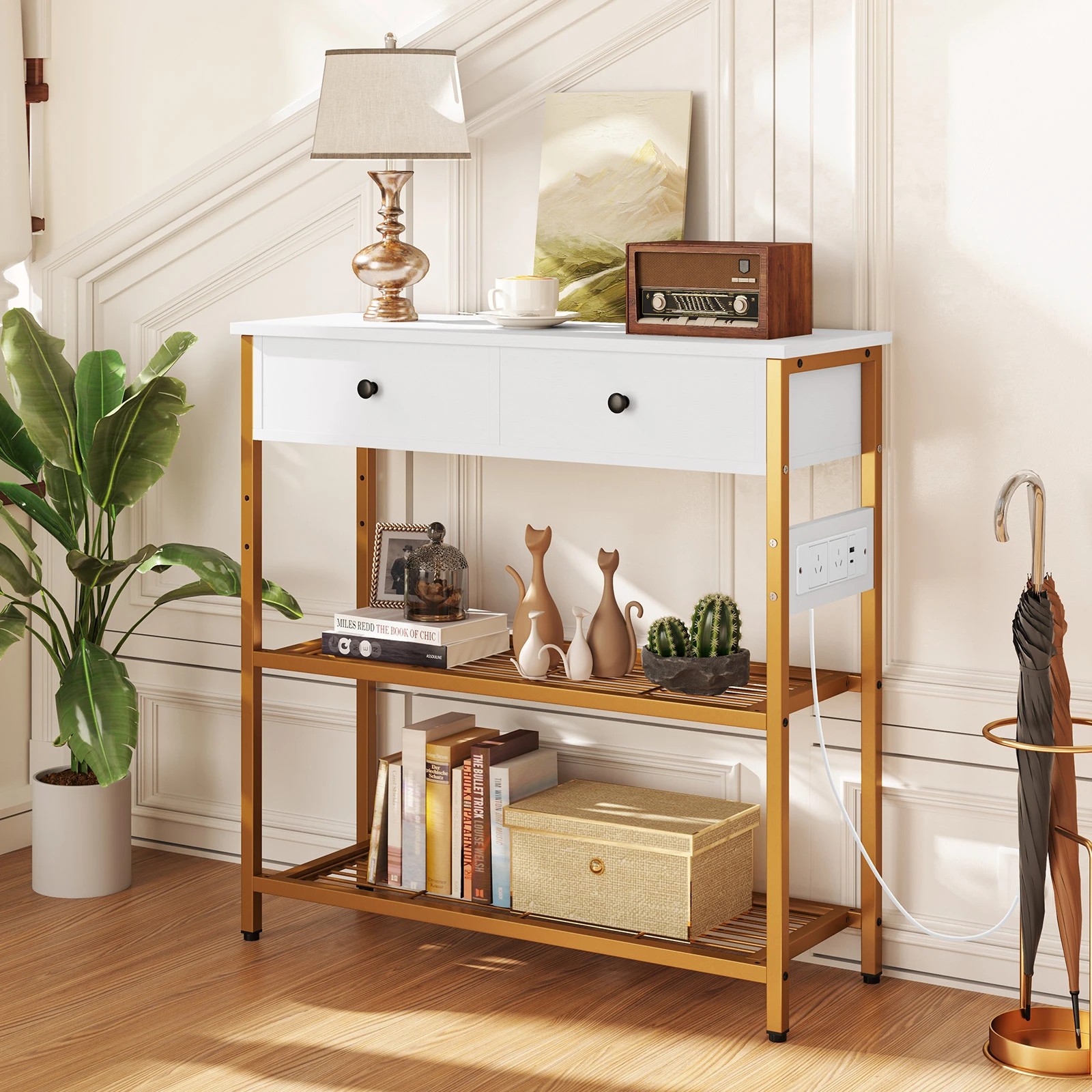 2 Costway Hallway Console Table w/Charging Station & 2 Drawers Entry Side Table, 2 of 4