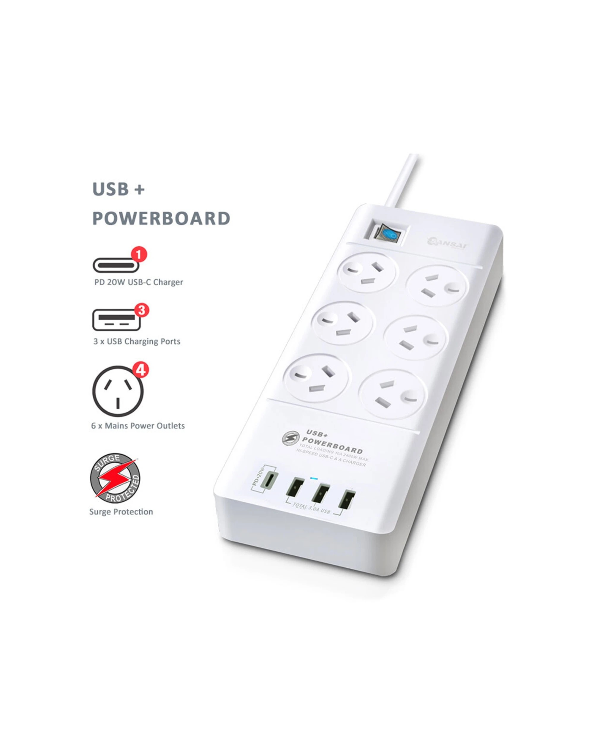 2 Sansai 6 Way Outlet 2400W Surge Protector Power Board USB-A USB-C Charger Ports - White, 2 of 5