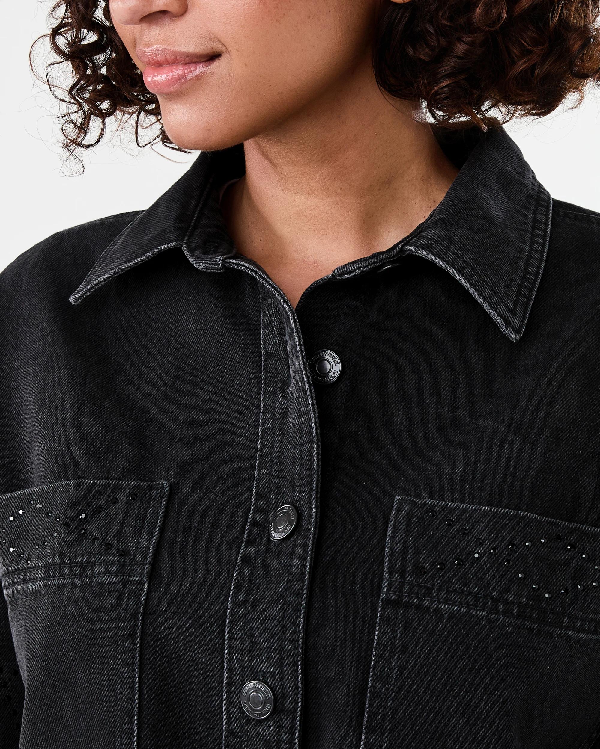 6 Long Sleeve Diamante Denim Shirt Black Wash, 6 of 9