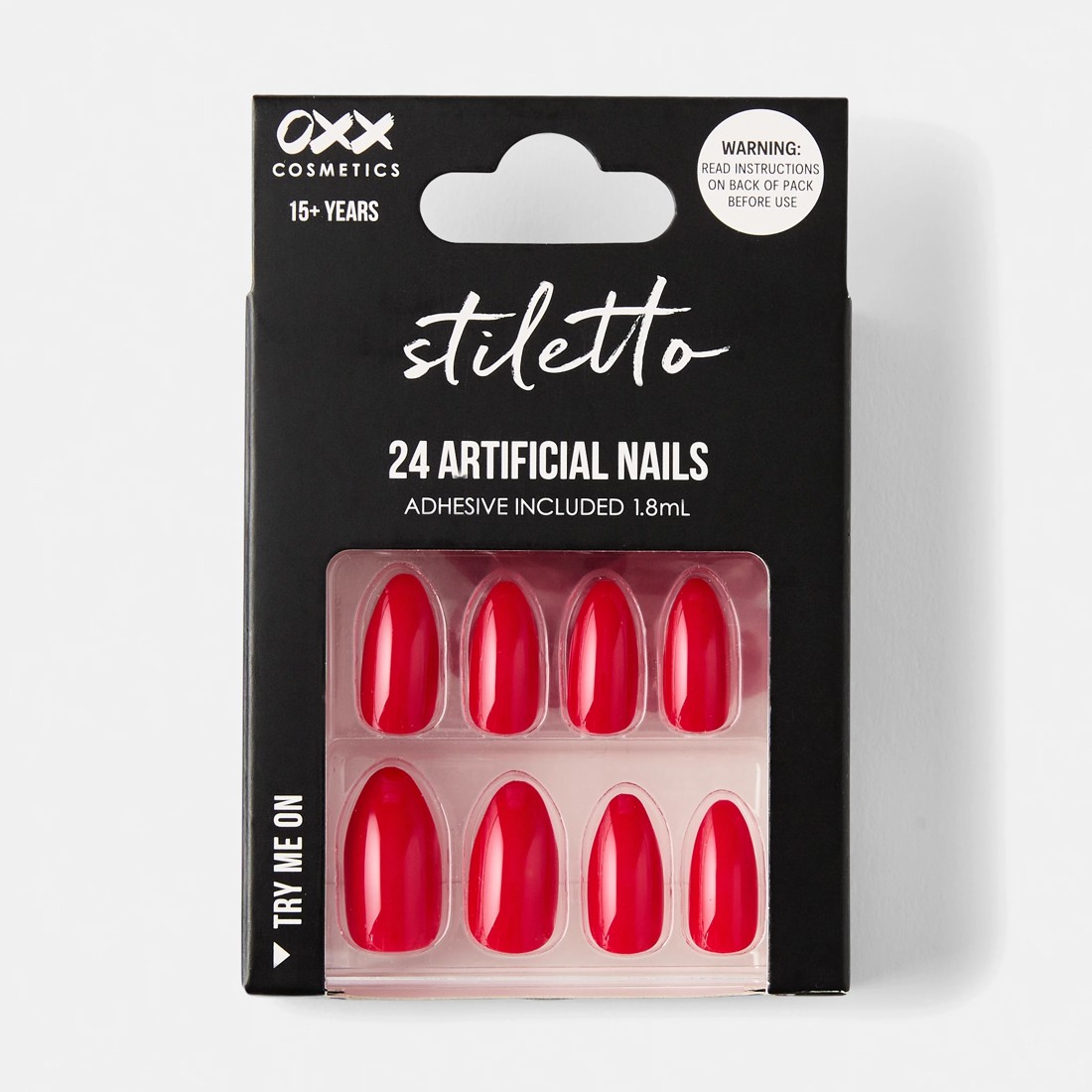 1 OXX Cosmetics 24 Pack Artificial Nails with Adhesive - Stiletto Shape, Red, 1 of 5