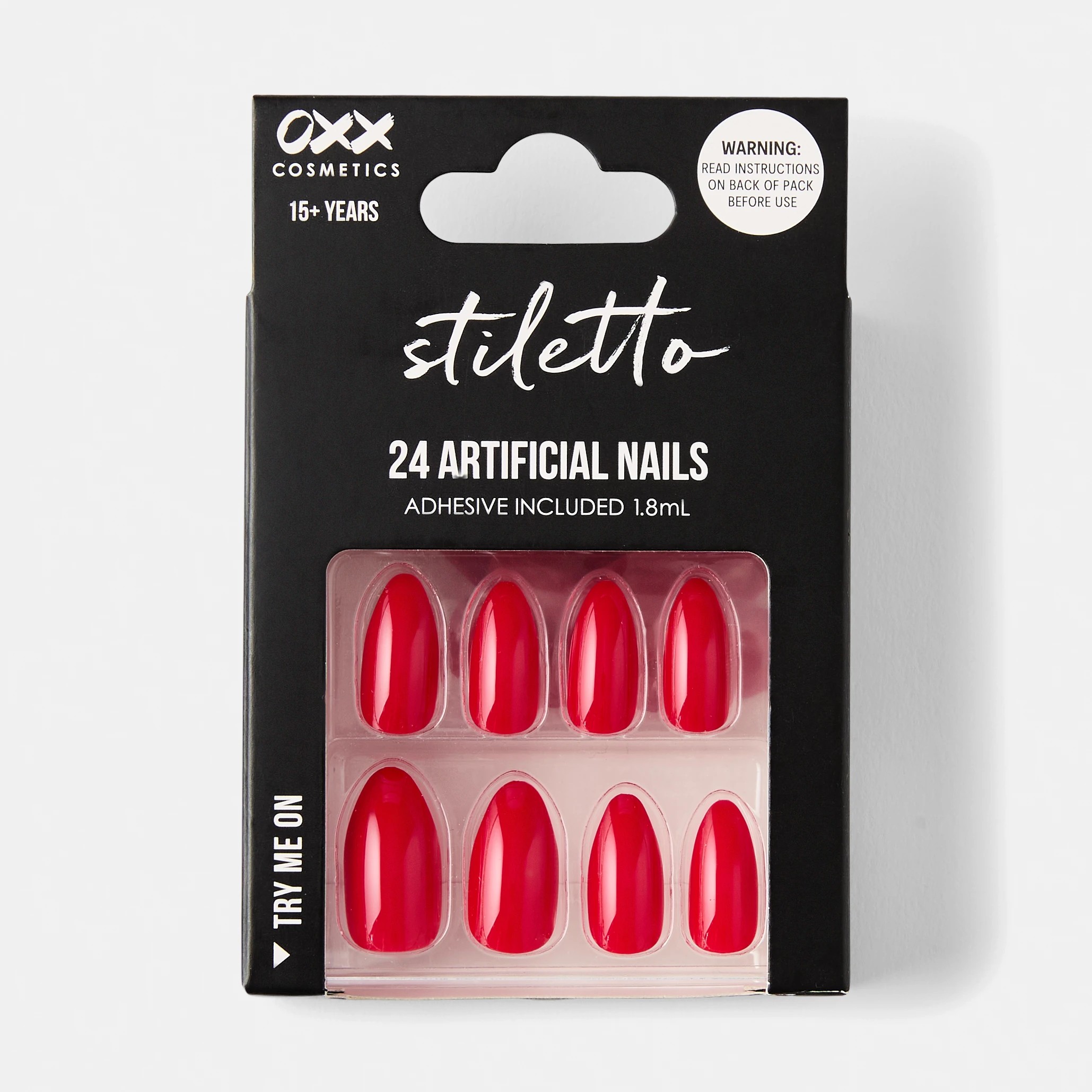1 OXX Cosmetics 24 Pack Artificial Nails with Adhesive - Stiletto Shape, Red, 1 of 5