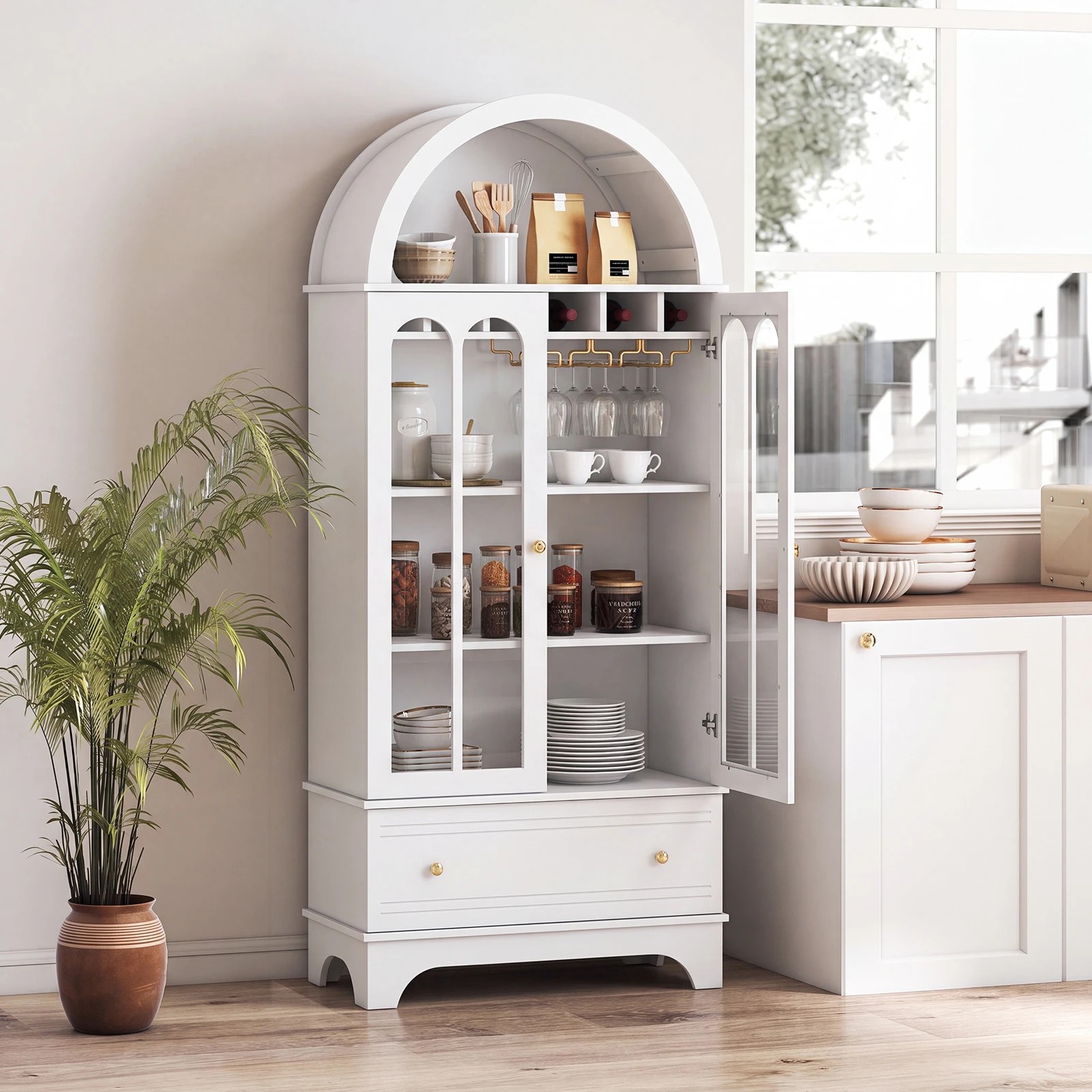 4 Costway 181CM Arched Pantry Cupboard 4-Tier Sideboard Tempered Glass Doors - White, 4 of 4