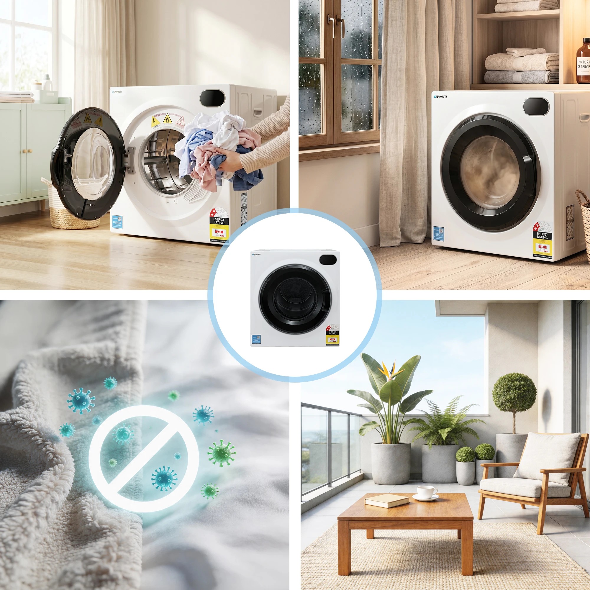7 Devanti 6kg Tumble Dryer, Intelligent Touch Screen Clothes Dryer with 4 Drying Modes Stainless Steel Drum - White, 7 of 9