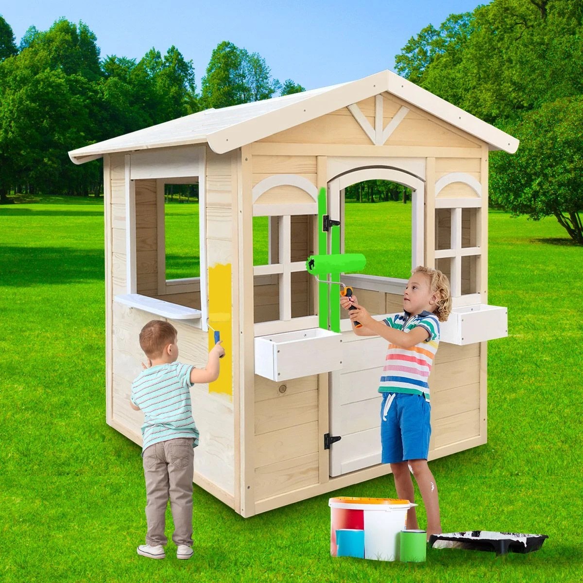 2 AUSWAY Outdoor Kids Cubby House Wooden Playhouse, 2 of 7
