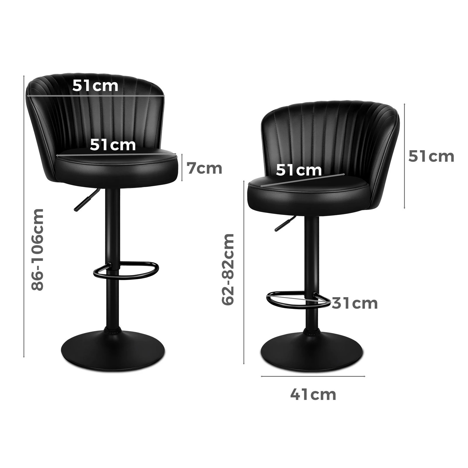 8 Alfordson 2x Bar Stools Gas Lift Leather Bar Chairs Kitchen Swivel - Black, 8 of 10