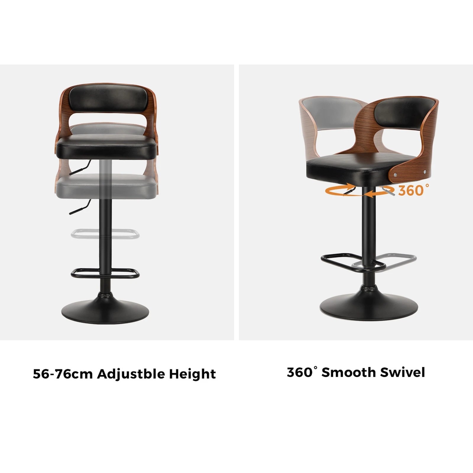 4 Oikiture 4x Bar Stools Kitchen Gas Lift Swivel Chairs - Black, 4 of 9