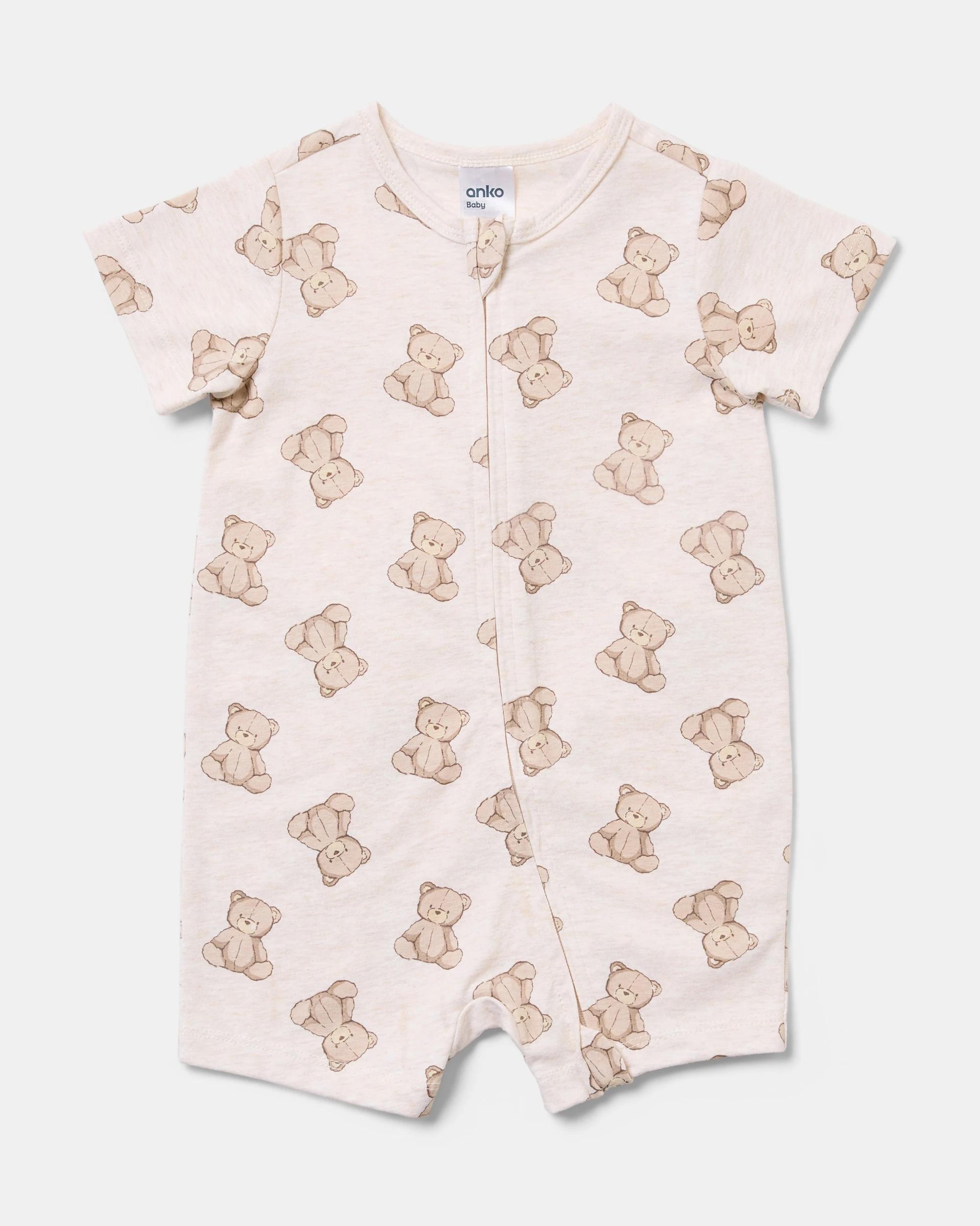 1 Cotton Short Sleeve Zip Romper Beig Teddy, 1 of 3