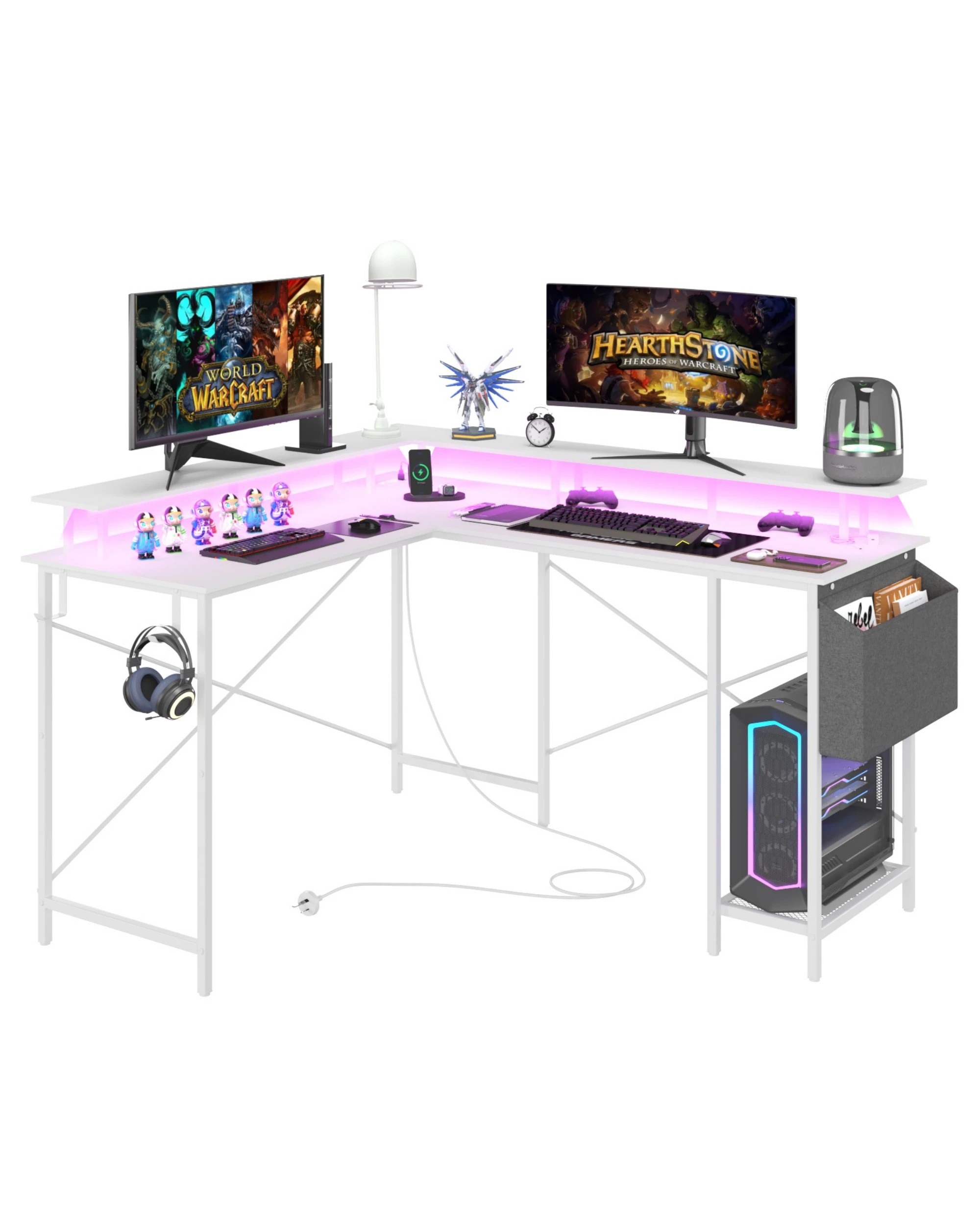1 Advwin L Shaped Gaming Desk 136cm With Led Lights & Power Outlets White, 1 of 10
