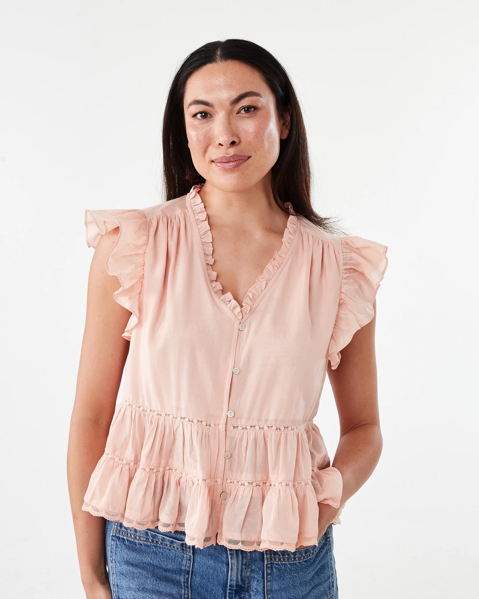 1 Short Sleeve Lace Trim Flutter Top Pale Blush, 1 of 7