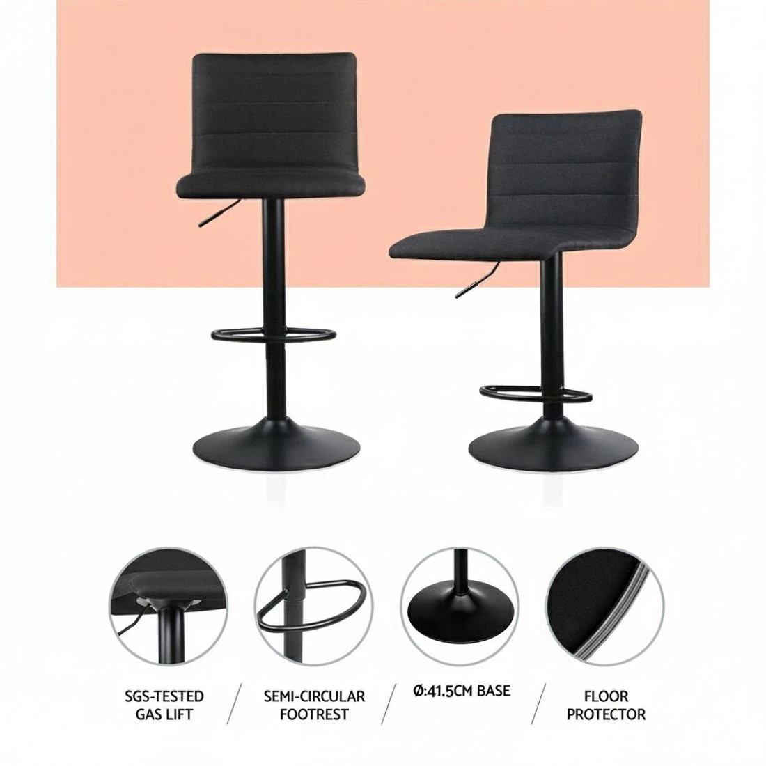 3 Artiss 4x Bar Stools Gas Lift Linen Fabric - Black, 3 of 6