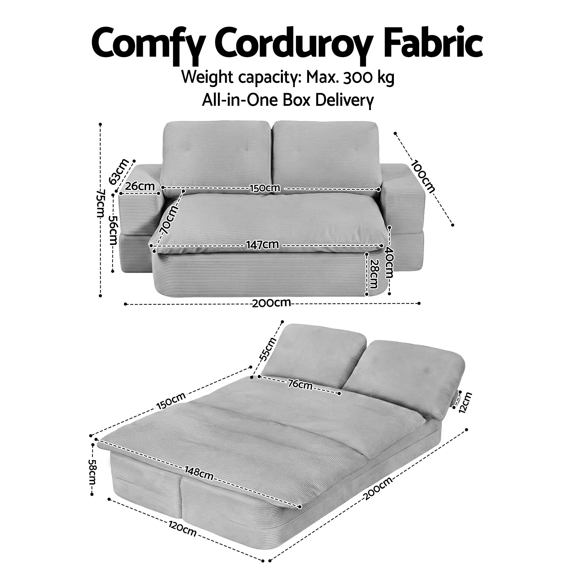 2 Artiss Convertible Folding Sofa Bed 30D High-Density Foam Boneless Couch - Grey, 2 of 3