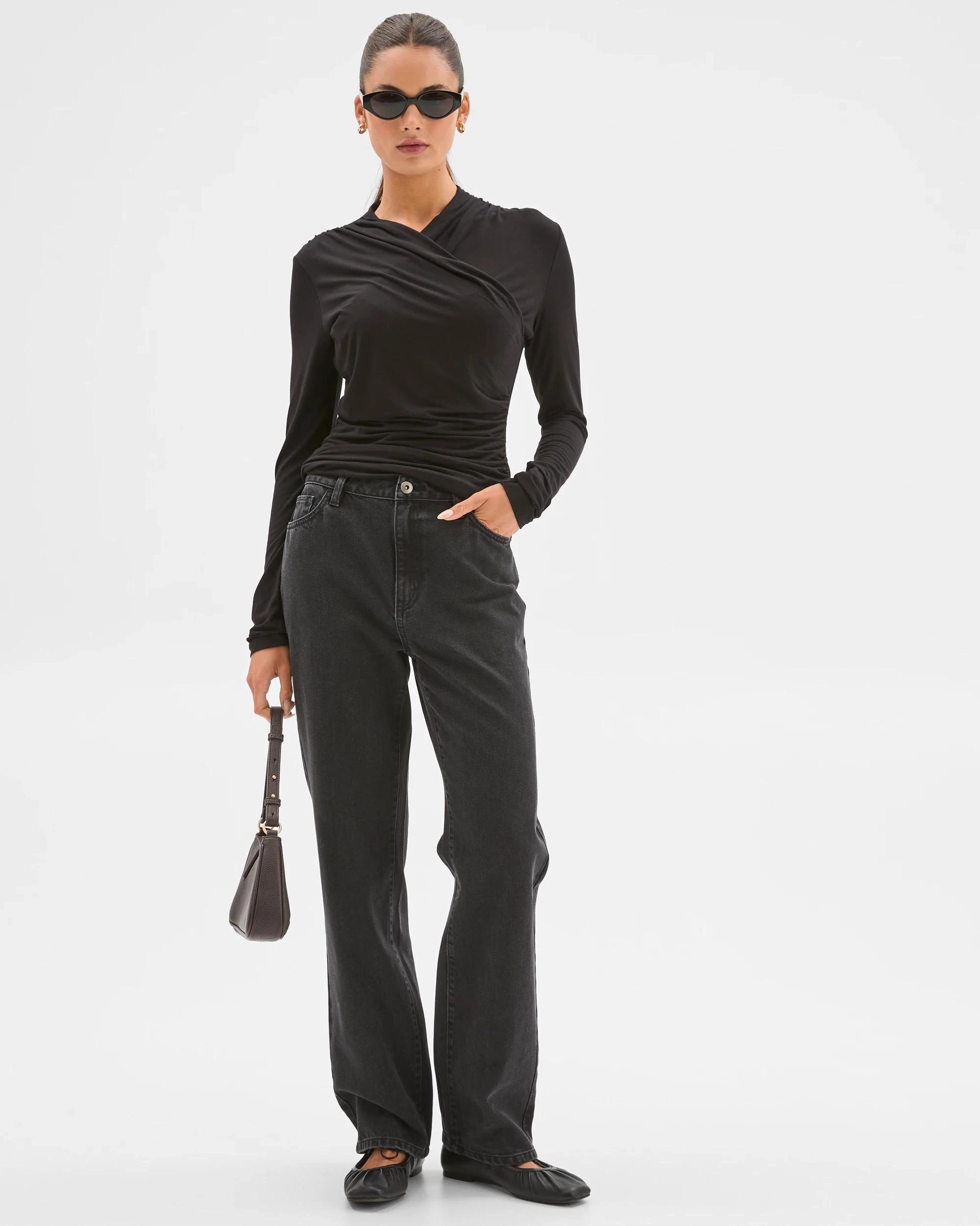 2 Lily Loves Long Sleeve Crossover Drape Top BLACK, 2 of 8