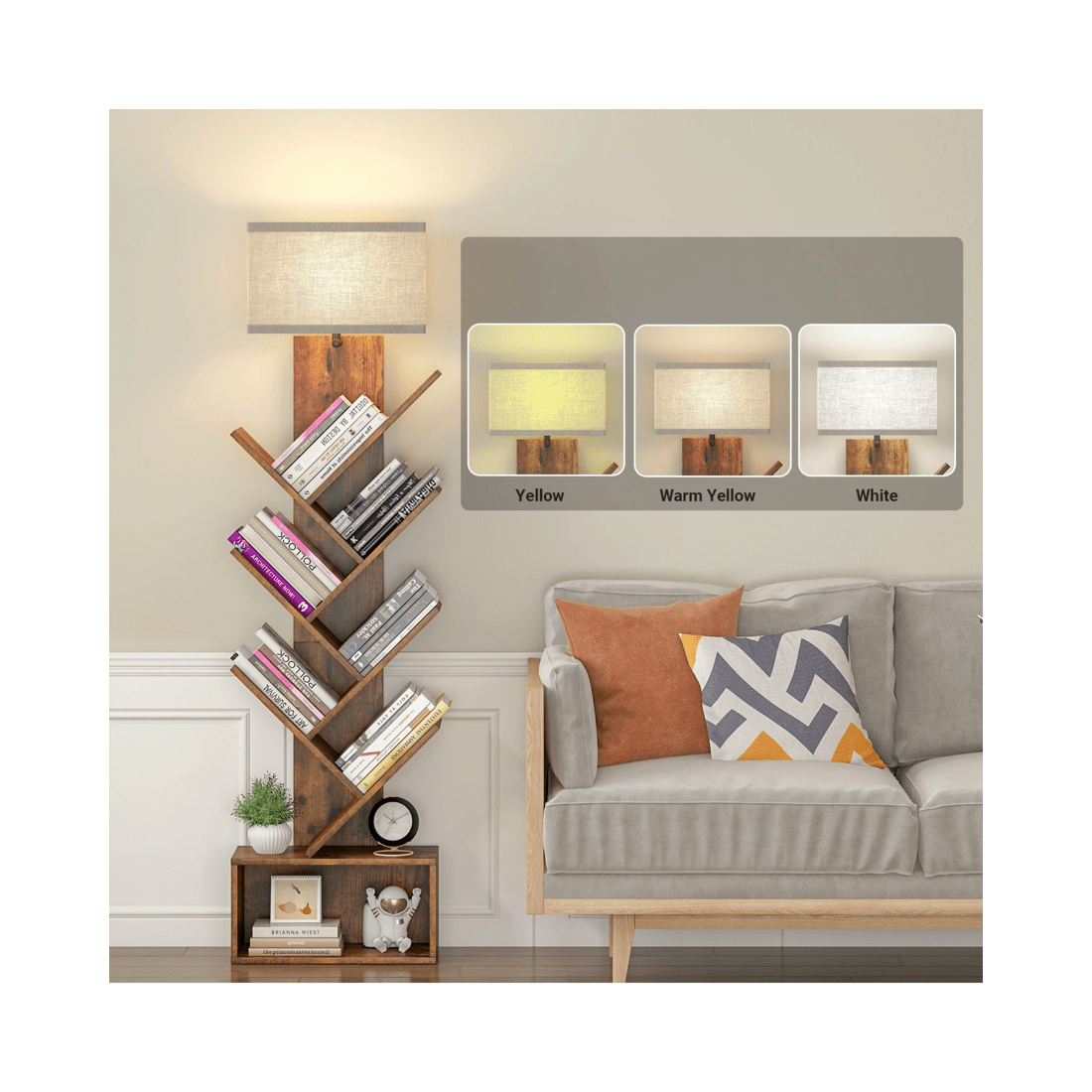 4 Advwin 6 Tier Tree Bookshelf w/ 3-Color Adjustable Light & Storage Cabinet Walnut, 4 of 10