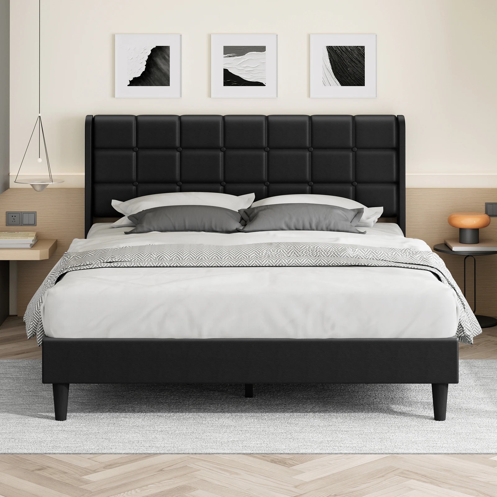 3 Alfordson Bed Frame Double Size Upholstered Wingback Base Leather Sarah - Black, 3 of 10