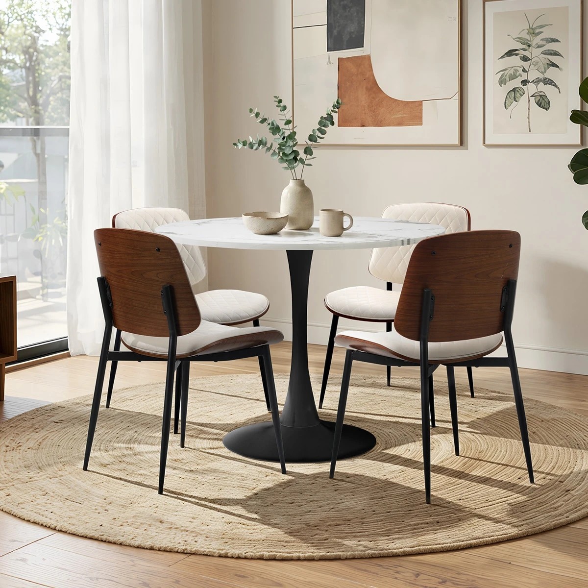 6 Oikiture Dining Table Set 90cm Round Dining Table and Chairs PU Leather -White&Black, 6 of 9
