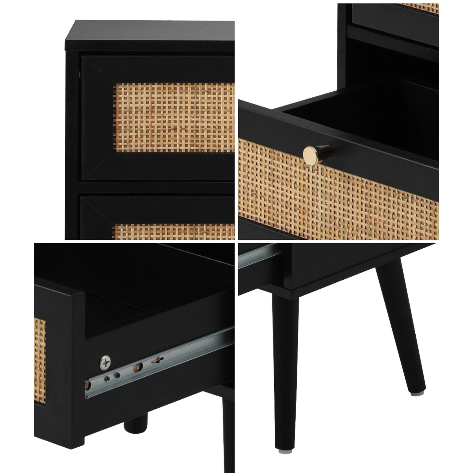 5 Oikiture 2X Bedside Table Side Table 2 Drawers Storage Cabinet Nightstand Rattan - Black, 5 of 9
