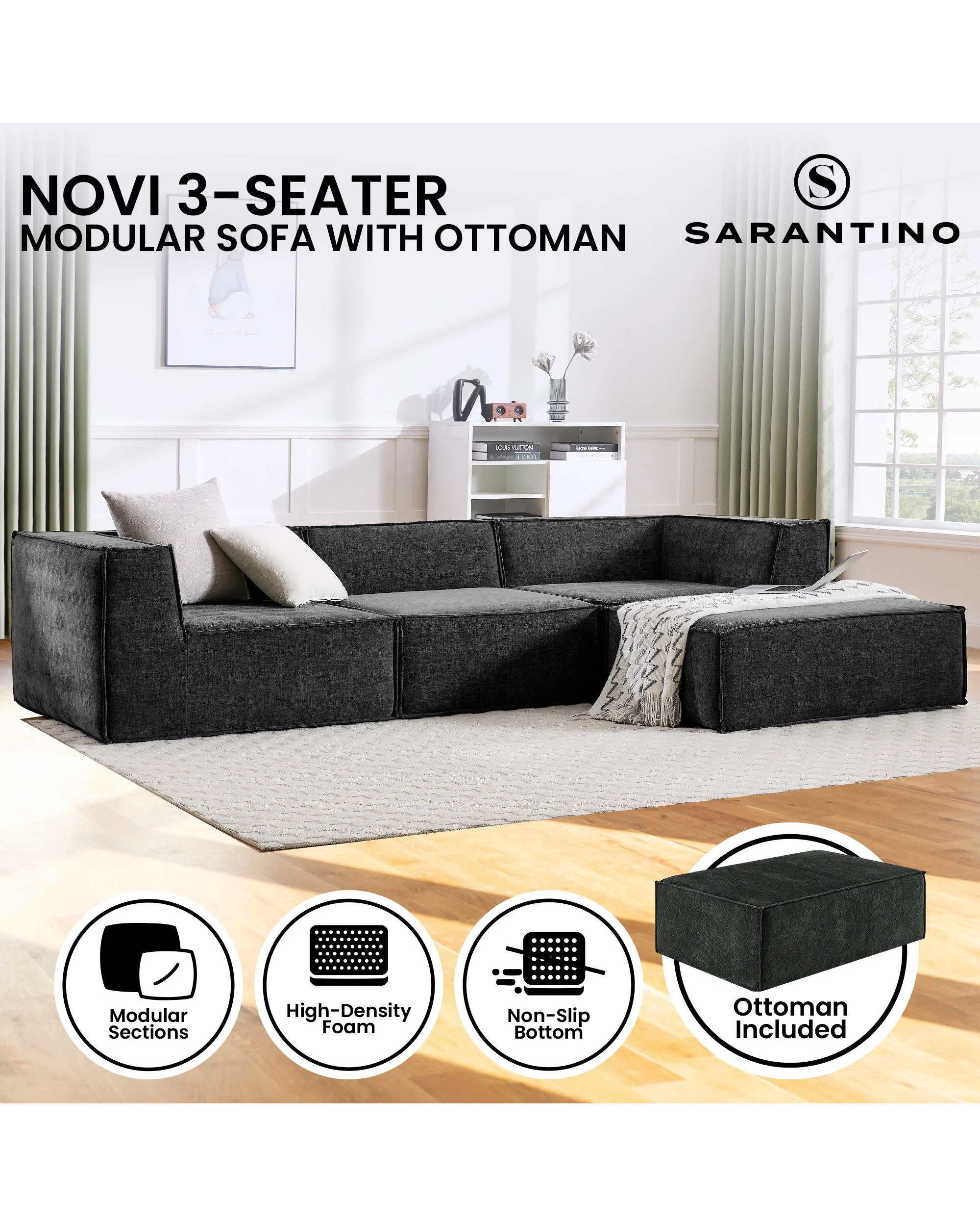 2 Sarantino Novi 3-Seater Modular Sofa Ottoman Charcoal Black Non-Slip Bottom Lounge, 2 of 9