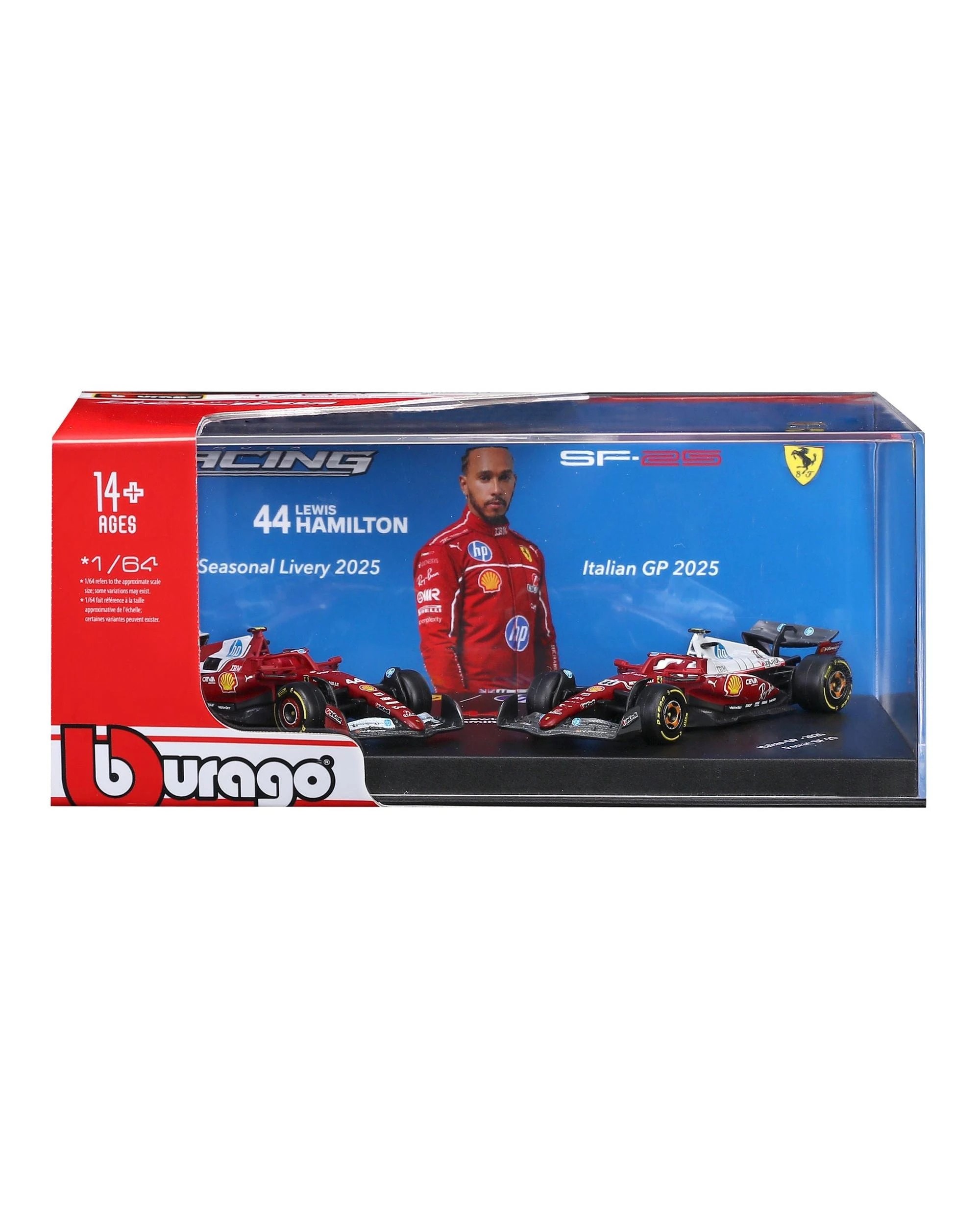 1 Bburago F1 2025 Ferrari SF25 #44 Hamilton in Showcase 1:64 Diecast Vehicle 2pk, 1 of 6