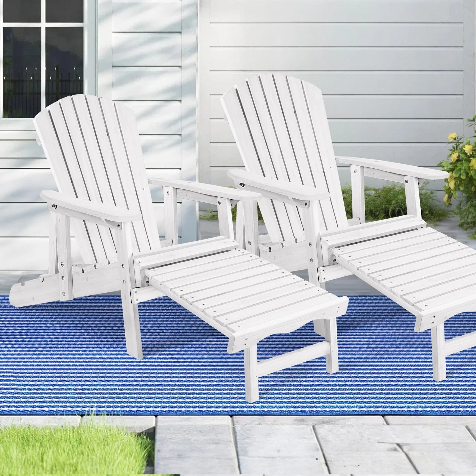2 Alfordson 2x Outdoor Chairs Wooden Adirondack w/ Ottoman Patio Beach Garden - White, 2 of 10