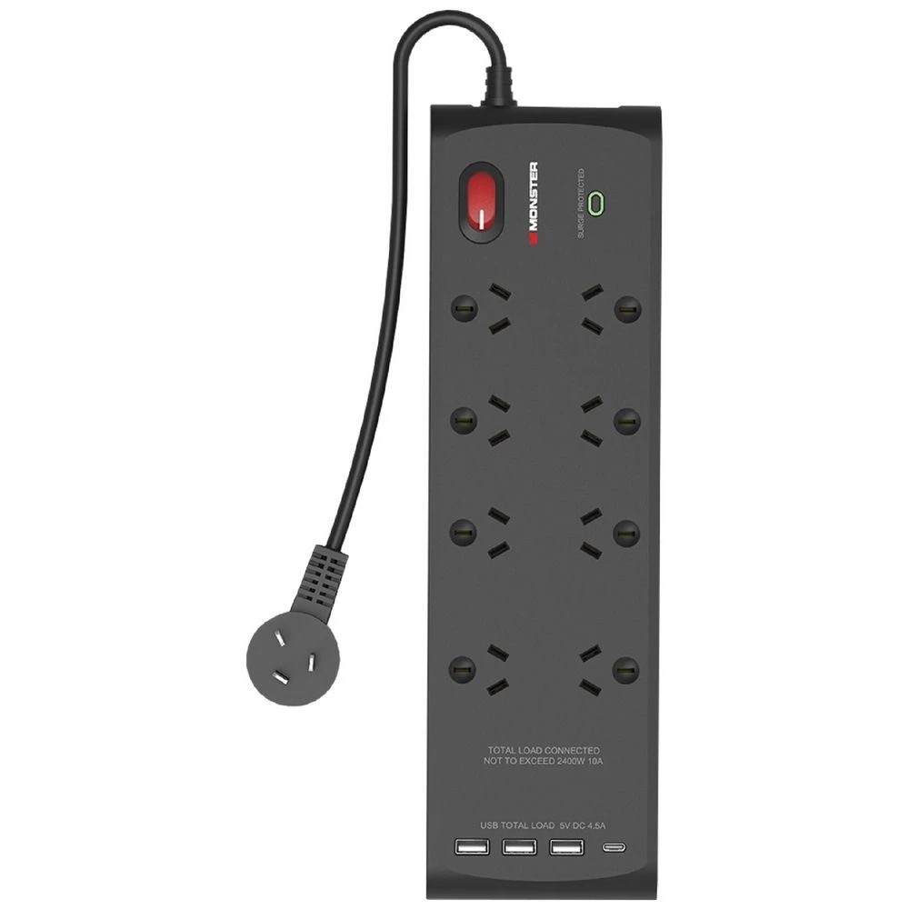 1 Monster 8 Socket USB Surge Protector Black, 1 of 1