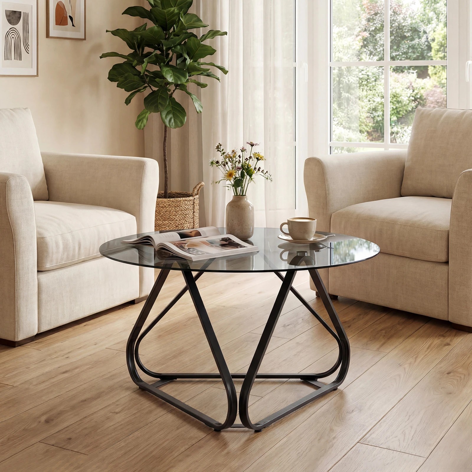 6 Costway Round Coffee Table Tempered Glass Tabletop Center Cocktail Table - Black, 6 of 7