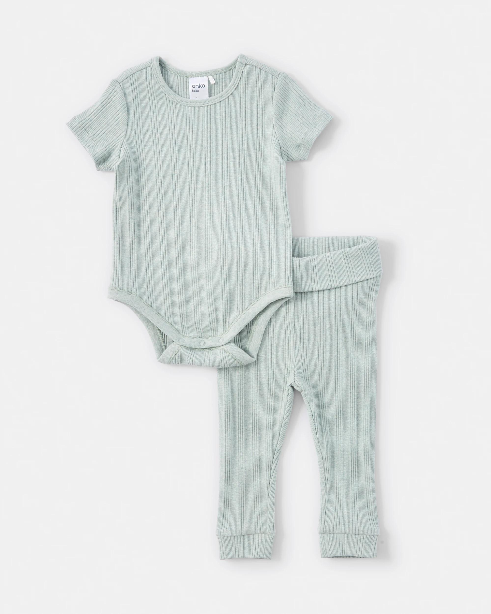 1 2 Piece Short Sleeve Newborn Ribbed Set AQUA GREY MARLE, 1 of 6