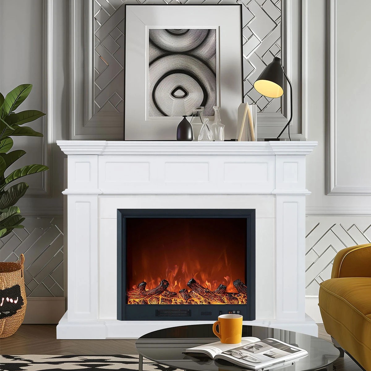 1 Moda Living Hudson Electric Fireplace Heater White Mantel Suite with Orion Insert - White, 1 of 2