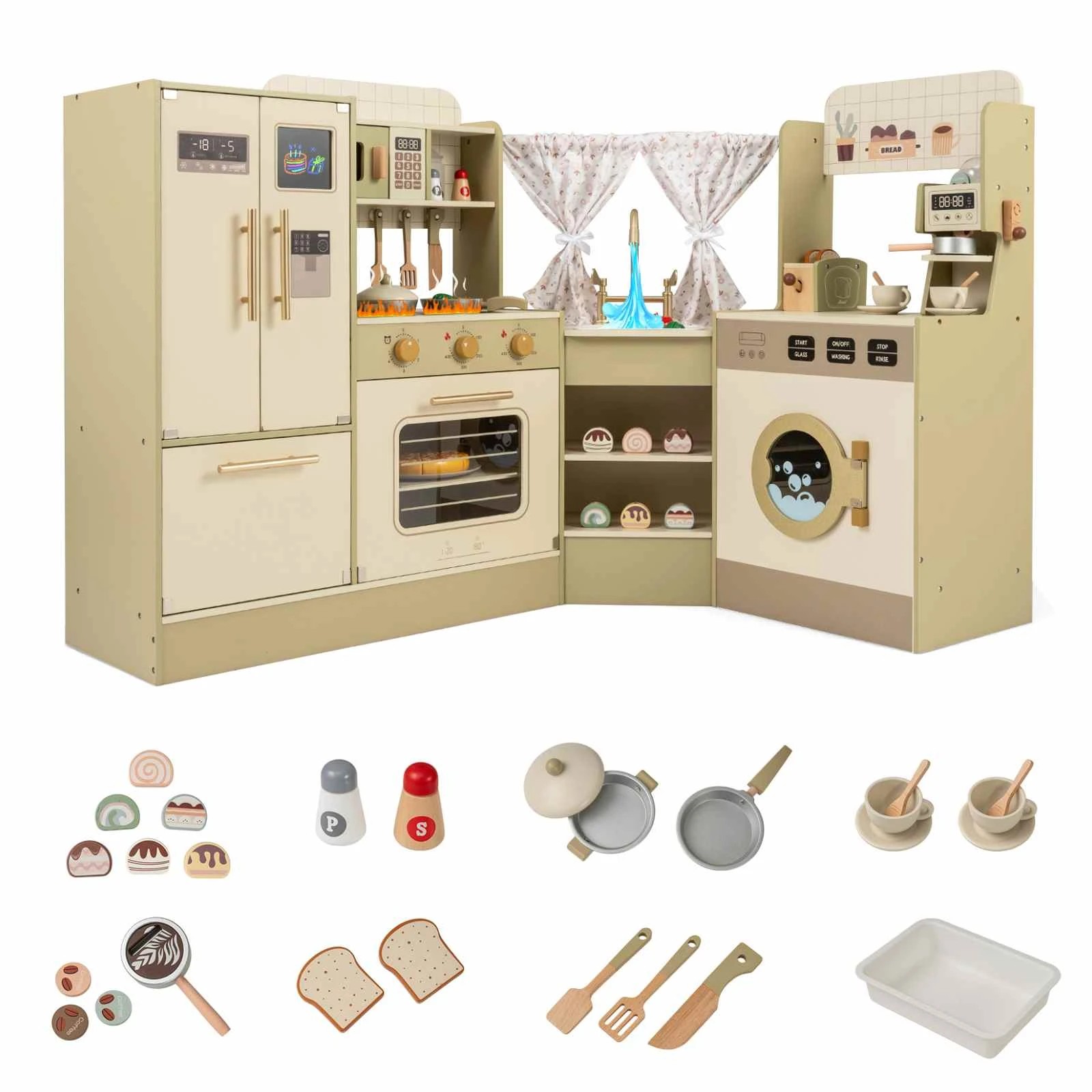 1 Costway Corner Play Kitchen Wooden Toy 21 Accessories - Green, 1 of 1