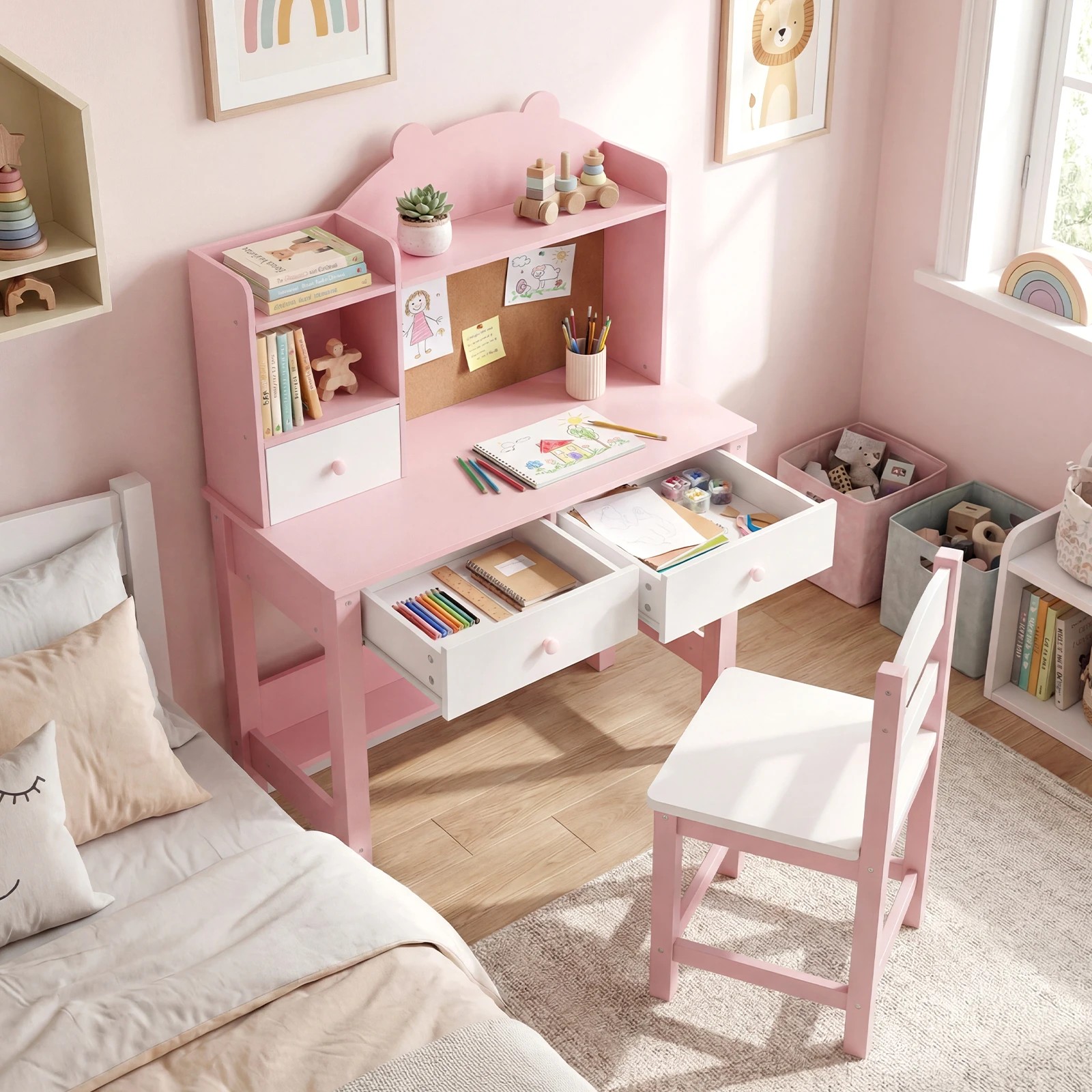 2 Costway Wooden Desk Chair Set Bear Student Writing Table Study Room w/Drawers - Pink, 2 of 4