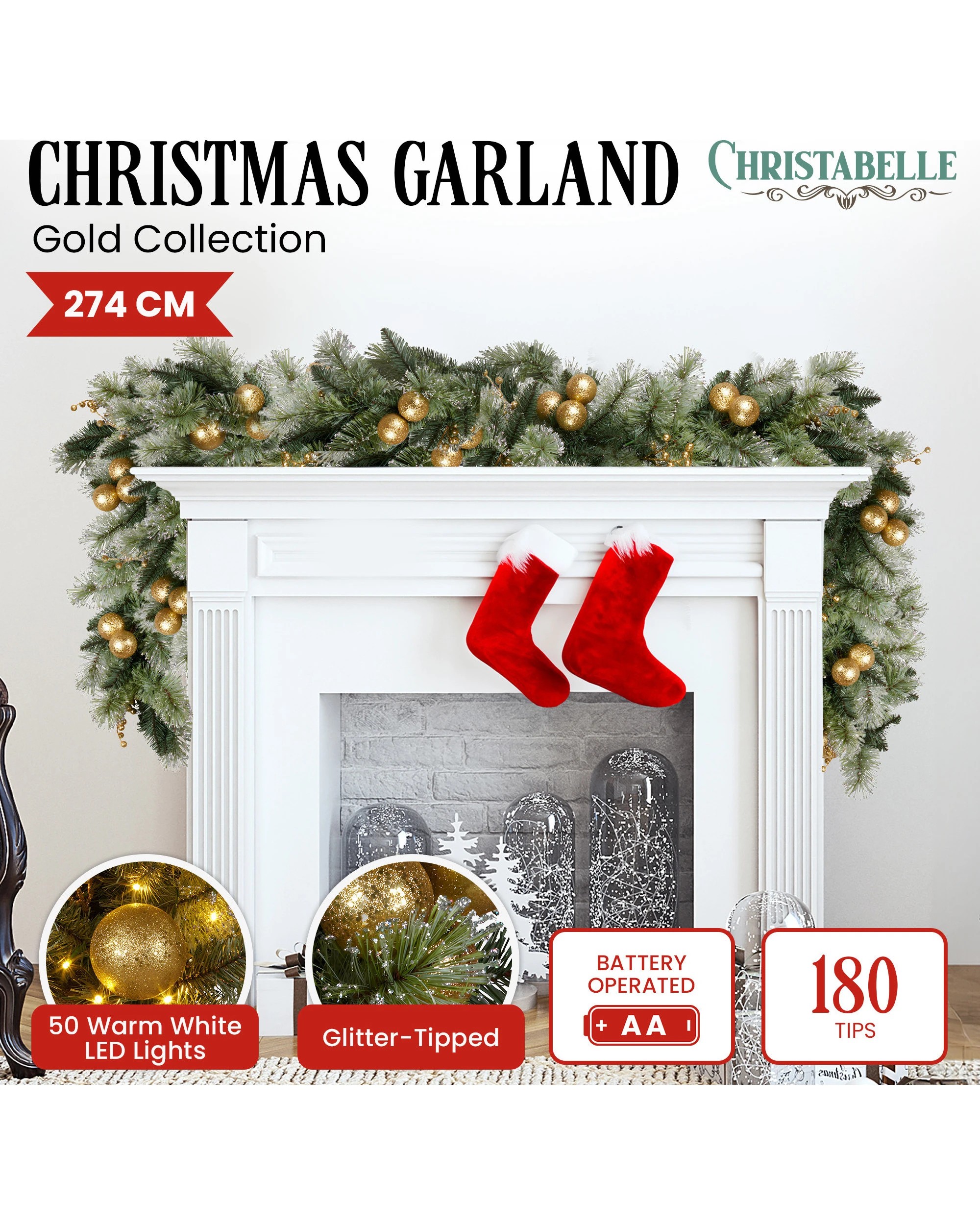 2 Christabelle 2.7m Christmas Garland With Gold Baubles And Led Lights Mantle Decoration Ornament, 2 of 7