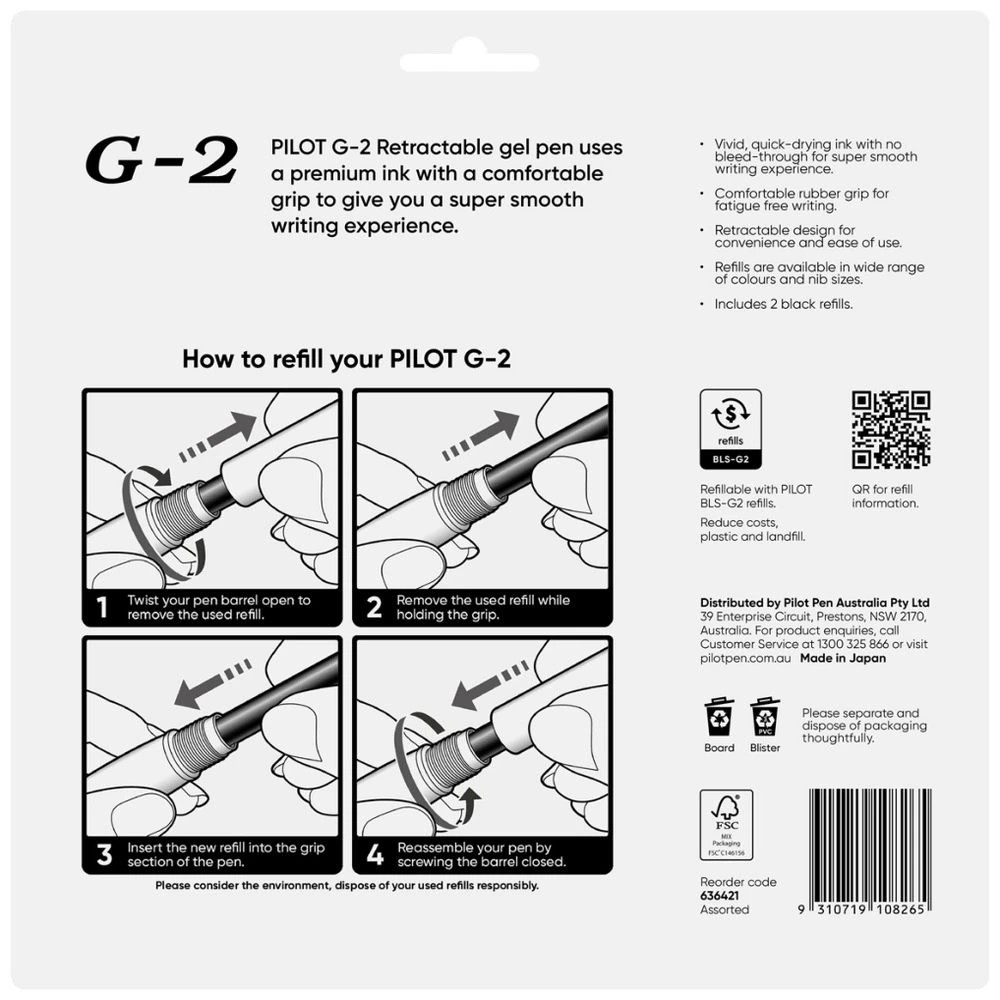 2 PILOT G2 Retractable Gel Fine 0.7mm Assorted 8 Pens+2 Refills, 2 of 8