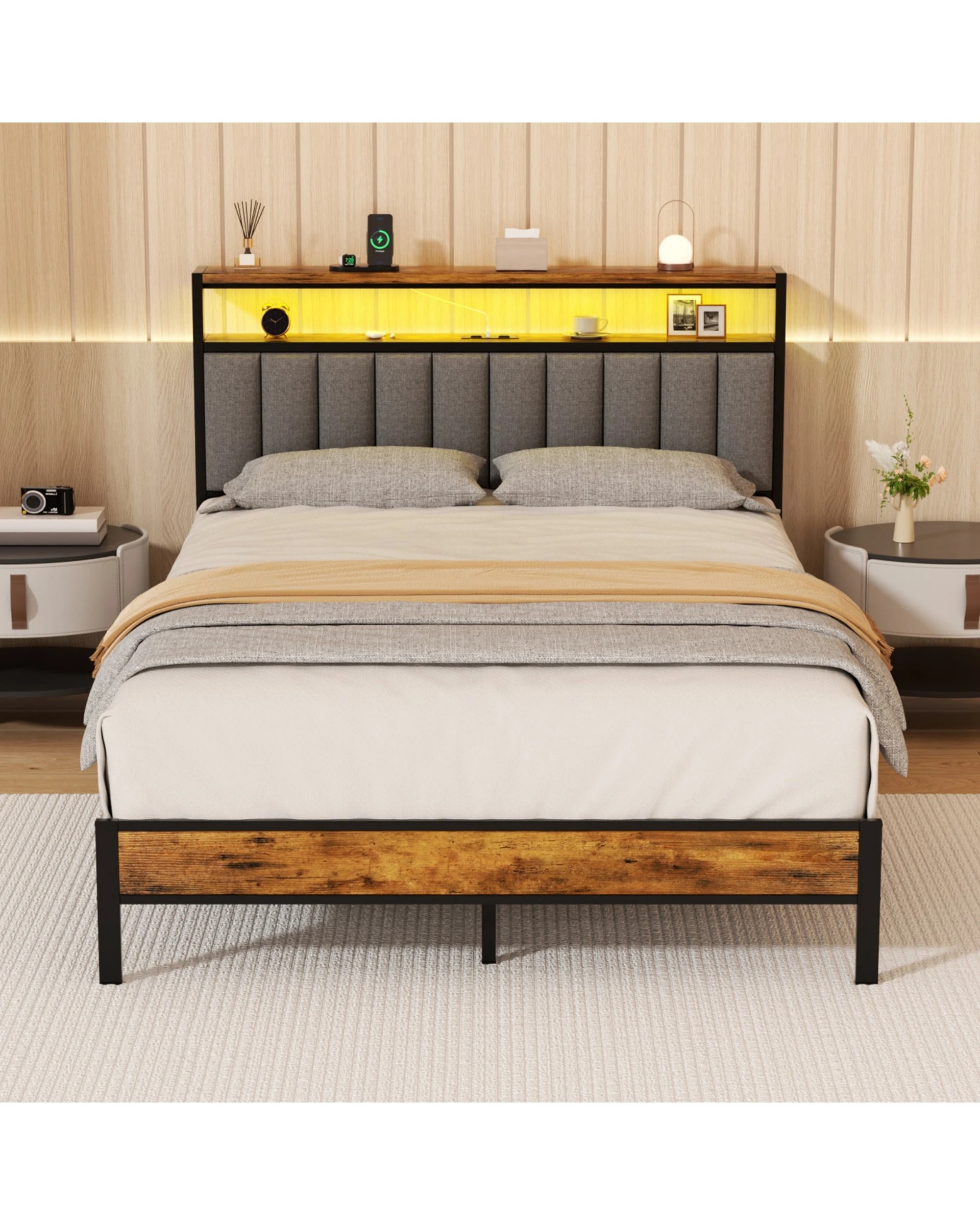 2 Advwin Queen Bed Frame with RGB LED and Charging Station - Grey, 2 of 8