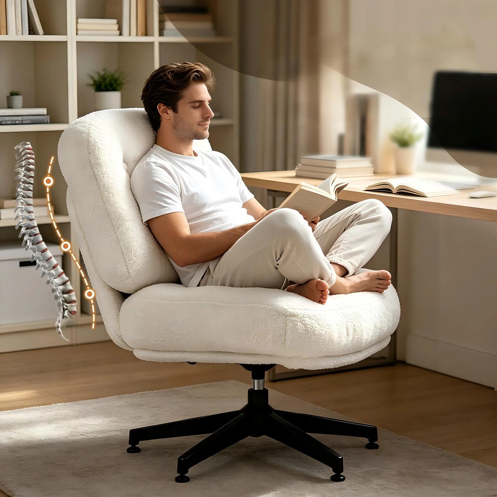 4 Advwin Armless Office Chair Teddy Fleece Ergonomic Cross Legged Chair Swivel Vanity Chair - White, 4 of 9