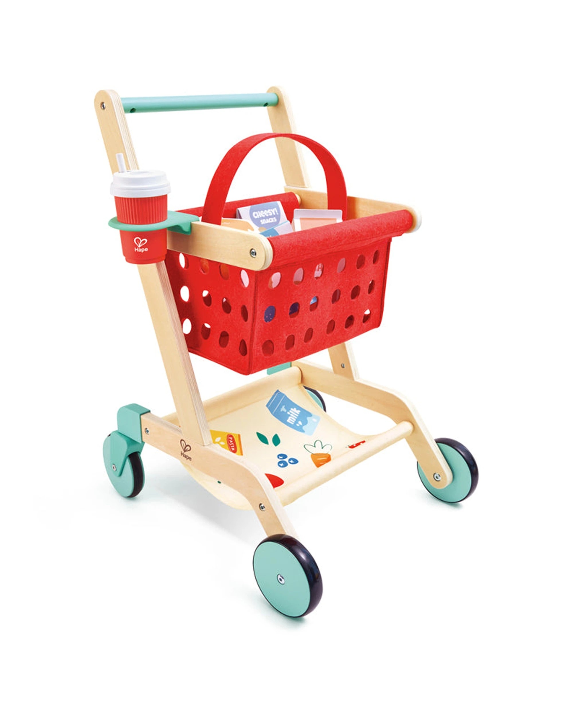 1 Hape Kids Shopping Cart Wooden Pretend Play Toy 360 Degree Wheels Removable Basket - Multi, 1 of 3
