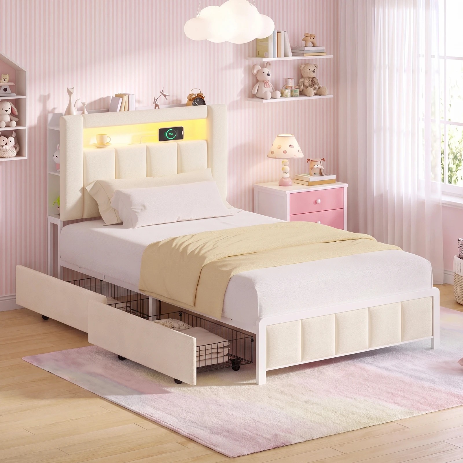 2 Advwin Kingsingle Bed Frame with LED Shelves and Charging Station - Beige, 2 of 7