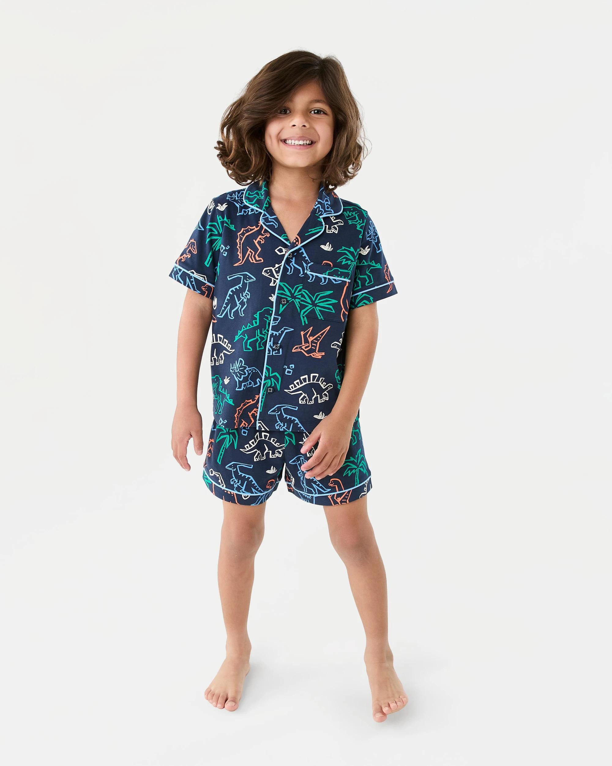 1 Short Sleeve Button Down Pyjama Set Nvy Dino, 1 of 8