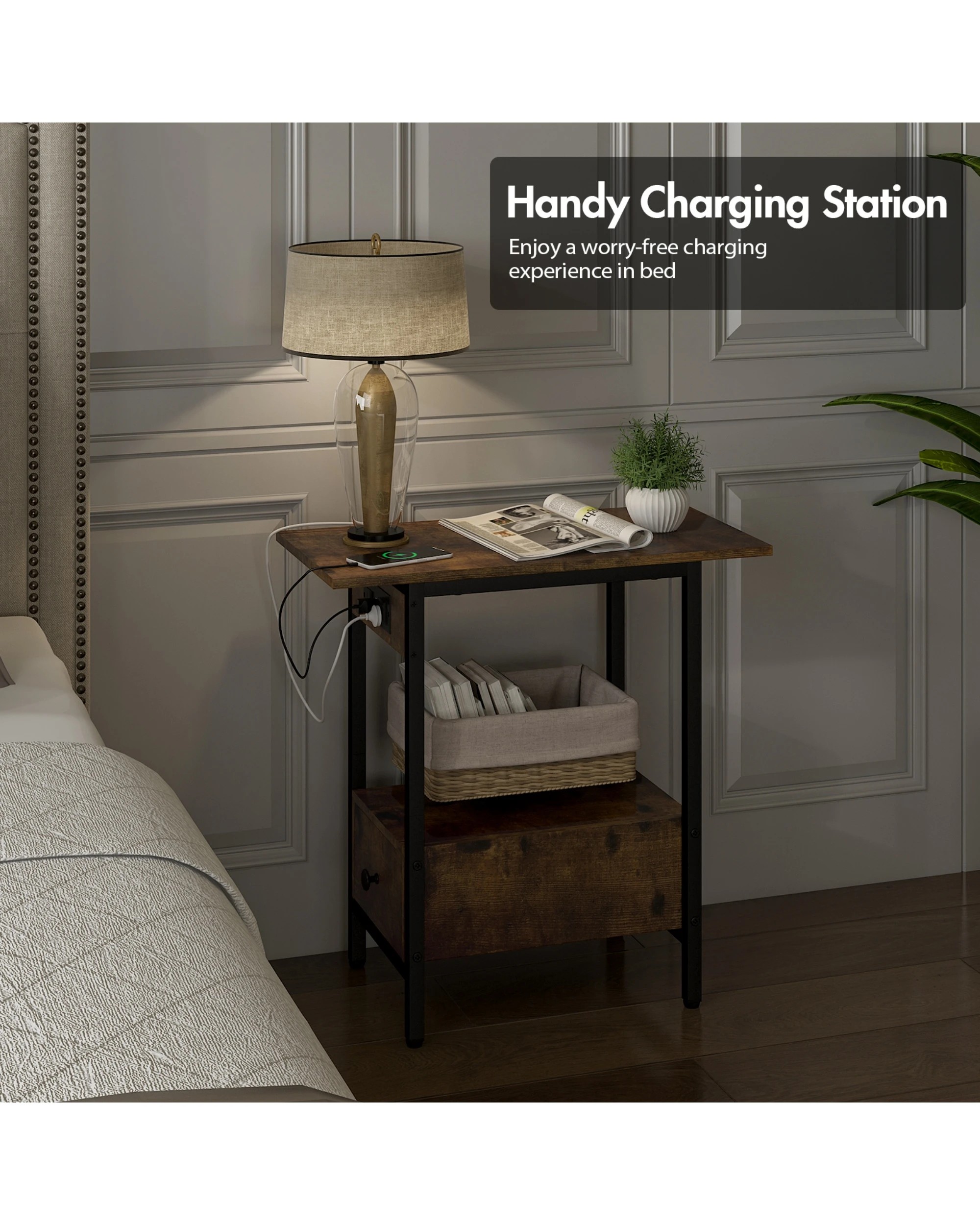 4 Advwin Set of 2 Side Tables w/ Charging Station & Drawer Walnut, 4 of 8