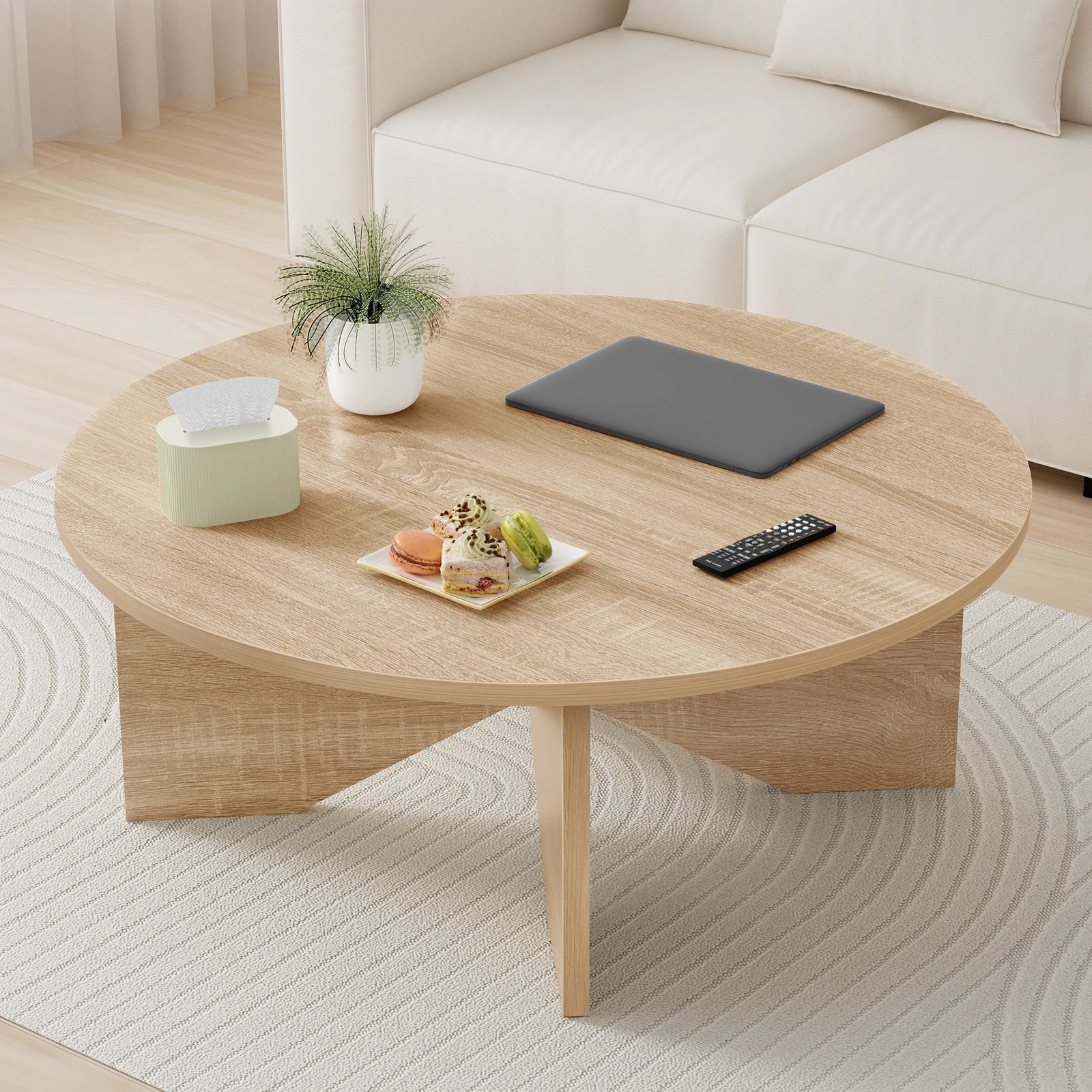 5 Alfordson Coffee Table Modern Round Table X-shape Wooden Legs Living Room - Oak, 5 of 10