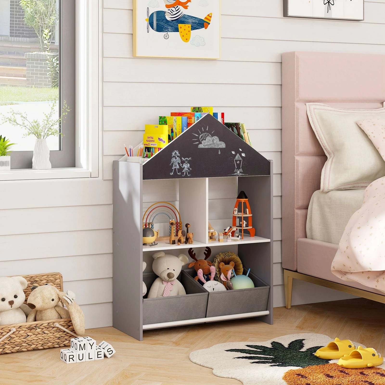2 Costway Playhouse Bookcase Wooden Bookshelf w/Whiteboard - Grey, 2 of 3