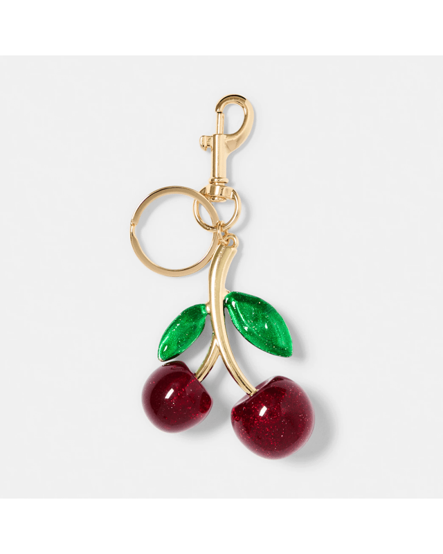 3D Large Cherry Charm Keyring - Gold Tone, Red and G