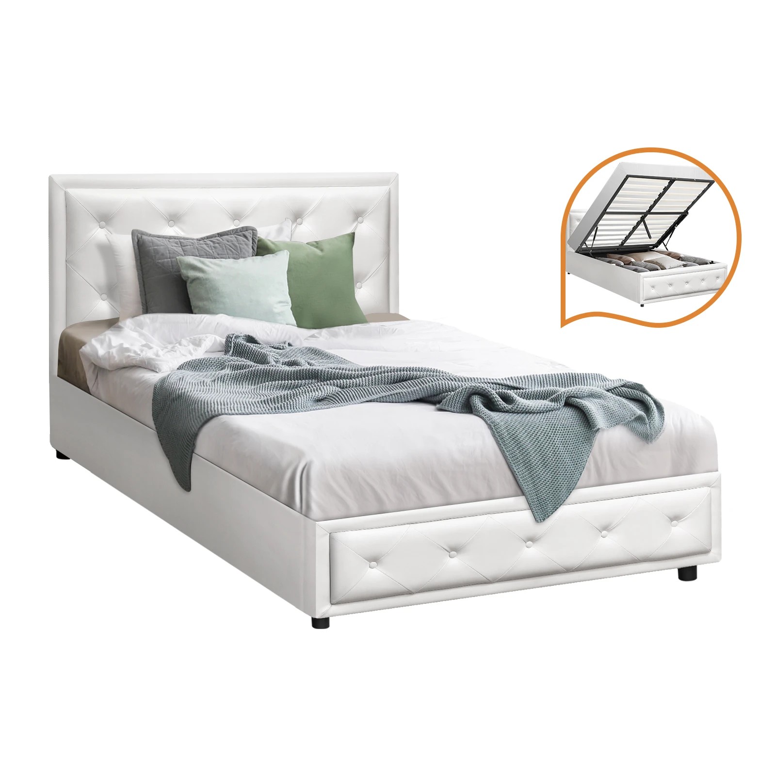 1 Oikiture King Single Bed Frame Gas Lift Base With Storage Enzo
 - White, 1 of 10