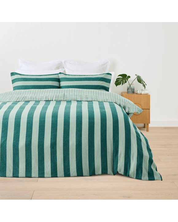 Striped Cotton Linen Reversible Quilt Cover Set - Super King Bed, Green