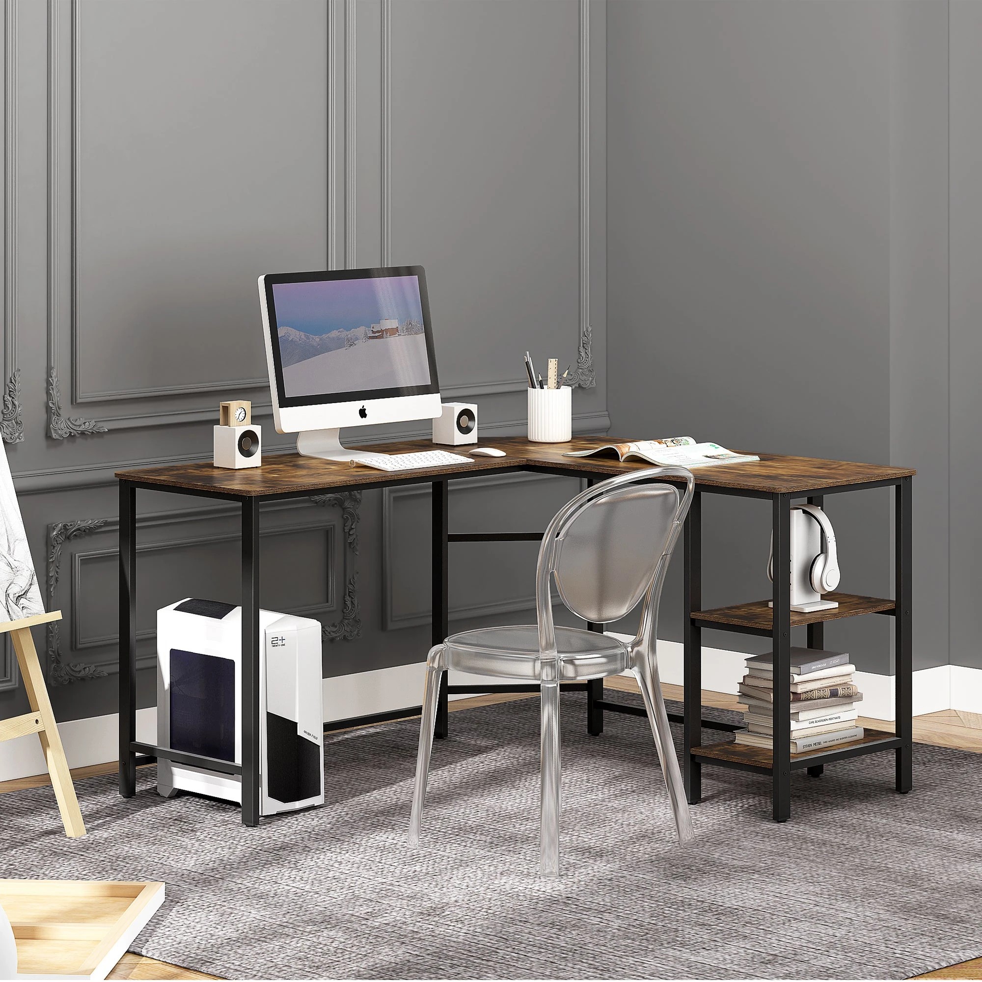 8 Foret Computer Desk Lshape Office Corner Table Storage Study Work Metal Antique, 8 of 10