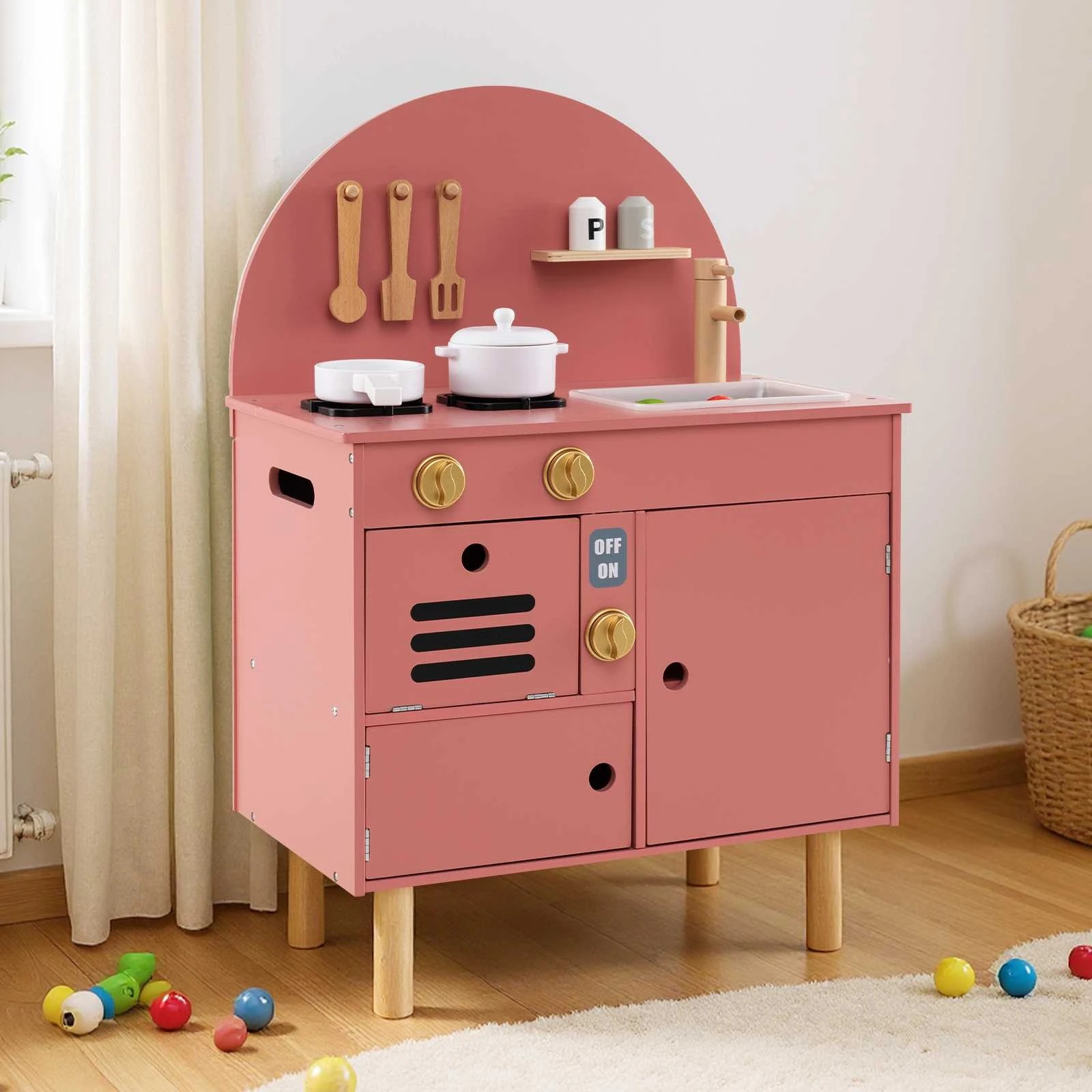 3 Costway Kids Small Wooden Play Kitchen with Stove, Sink & Microwave - Pink, 3 of 3