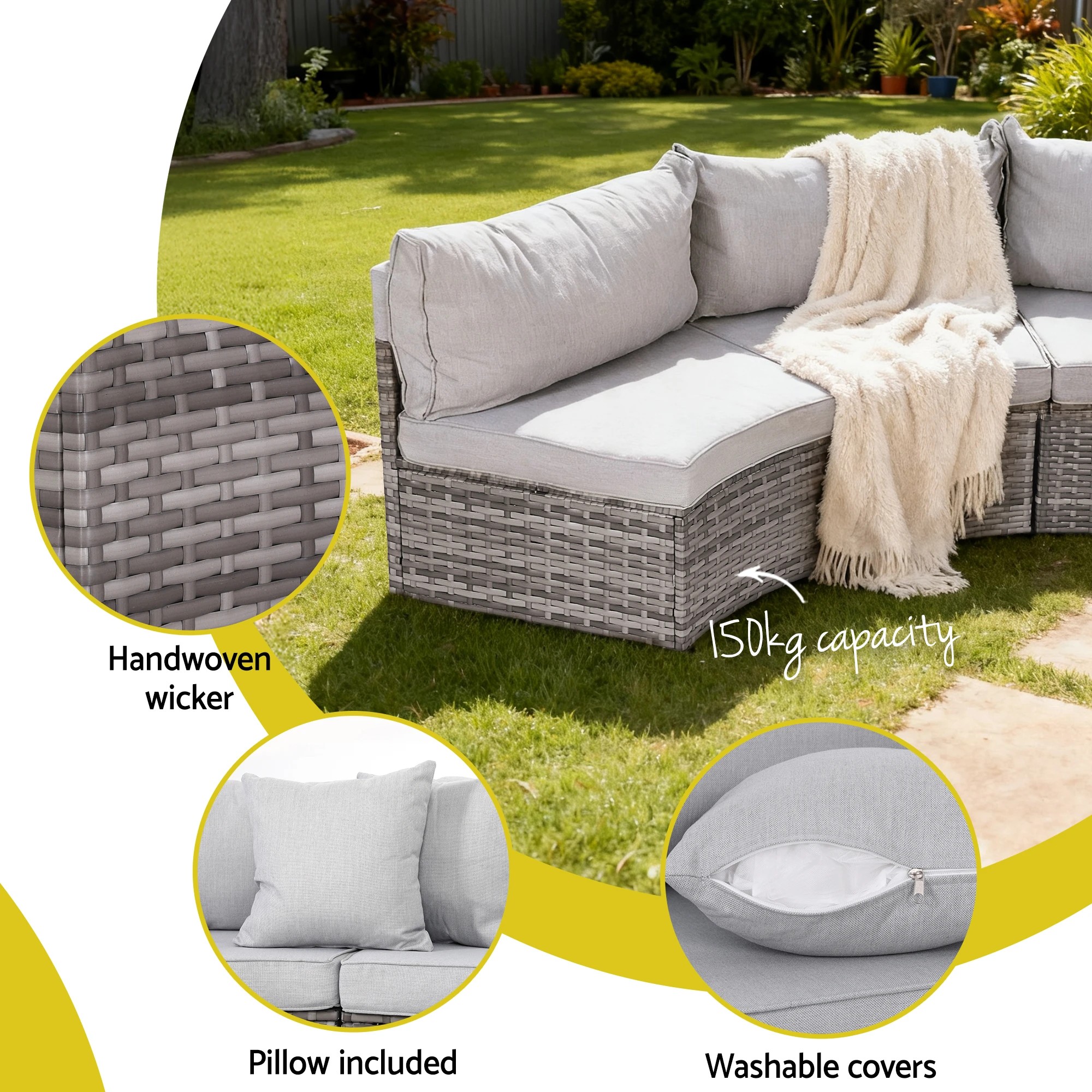 6 Gardeon 8 Seater Outdoor Sofa Set 11PCS Round Table Chair Set Garden Rattan Patio Furniture - Grey, 6 of 7