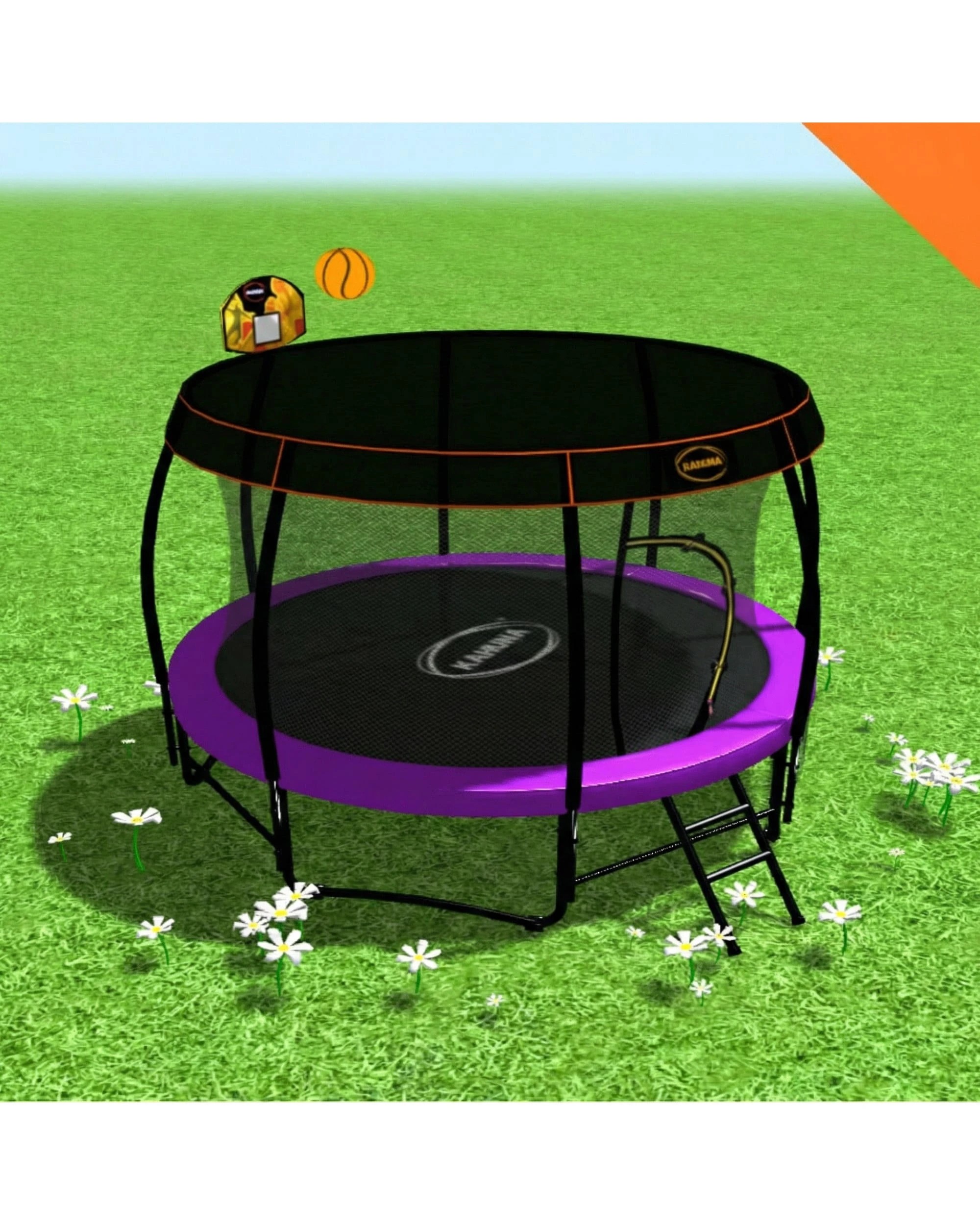 2 Kahuna 12ft Trampoline with LED Basketball Set and Roof, 2 of 9
