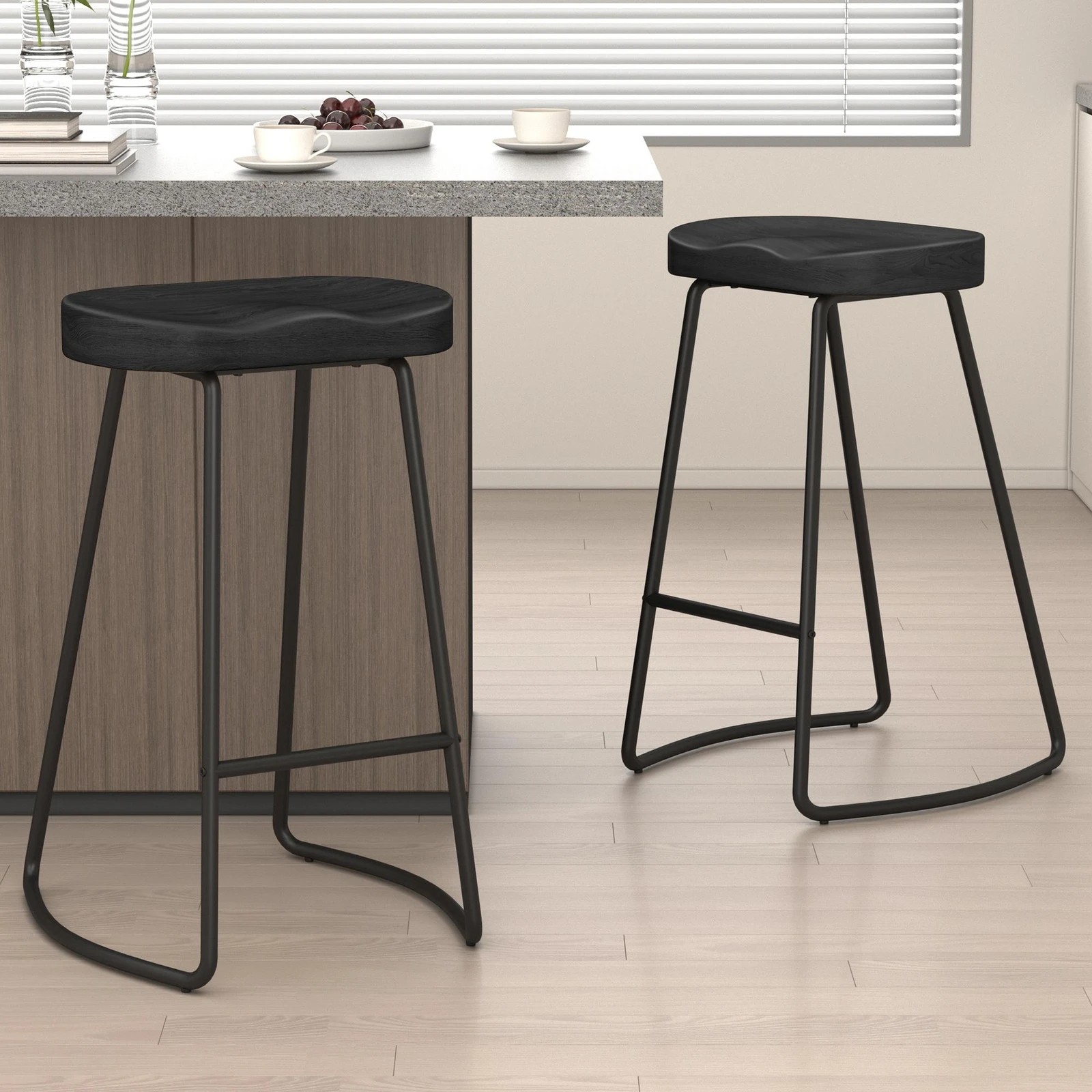 2 Alfordson 2x Bar Stools 75cm Tractor Kitchen Wooden Vintage Chair - Black, 2 of 10