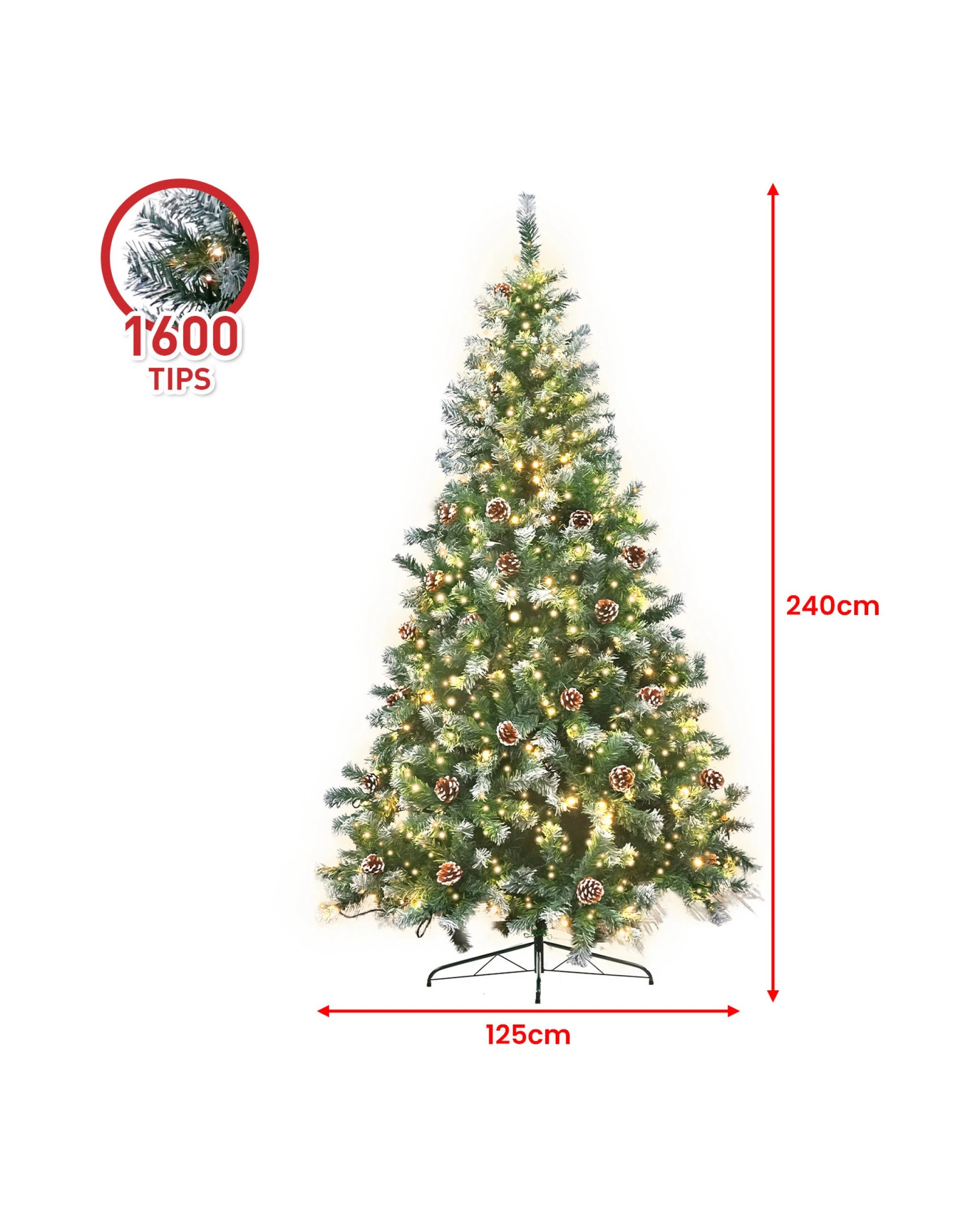 5 Christabelle 2.4m Pre-Lit LED Artificial Christmas Tree with Snow Tipped Needles Pine Cones Stand, 5 of 10