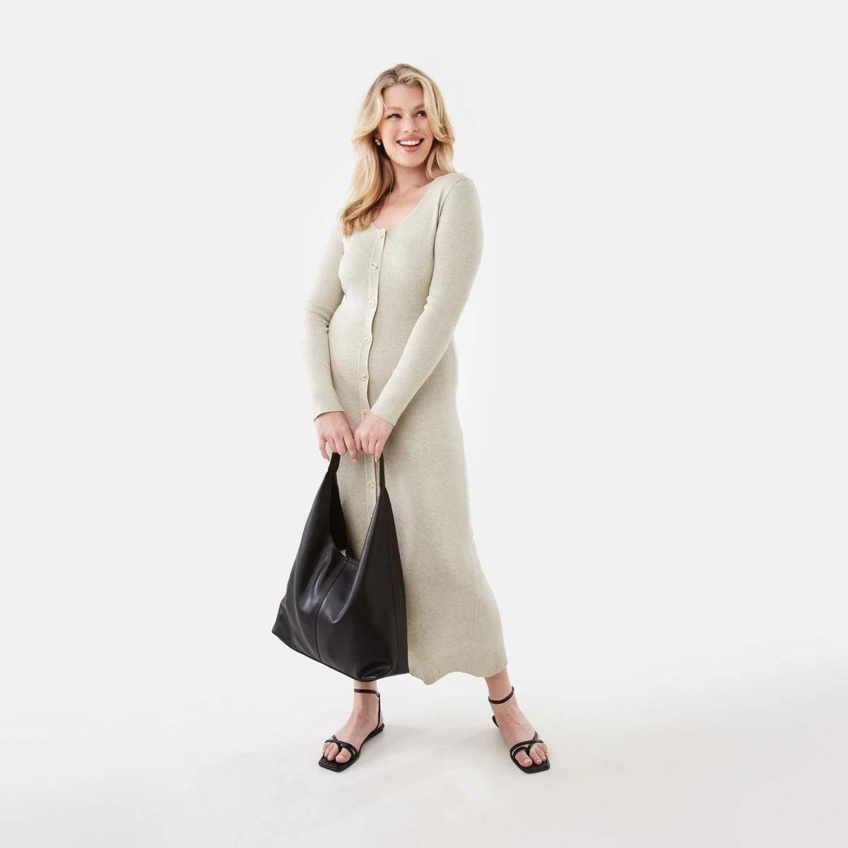 6 Long Sleeve Button Through Knit Maxi Dress Beige Marl, 6 of 6